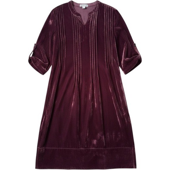 Coldwater Creek Velvet Shift Dress M Purple Pintuck Roll Tab Sleeve Boho Luxe