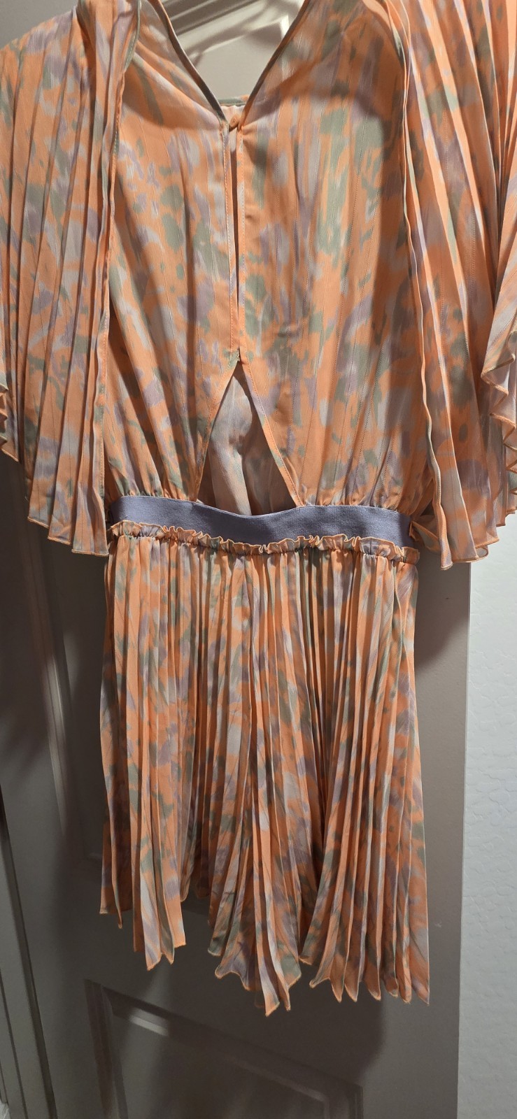 Maje Abstract Pleated Flutter Sleeve Dress Chiffon Orange,purple, Green M Size