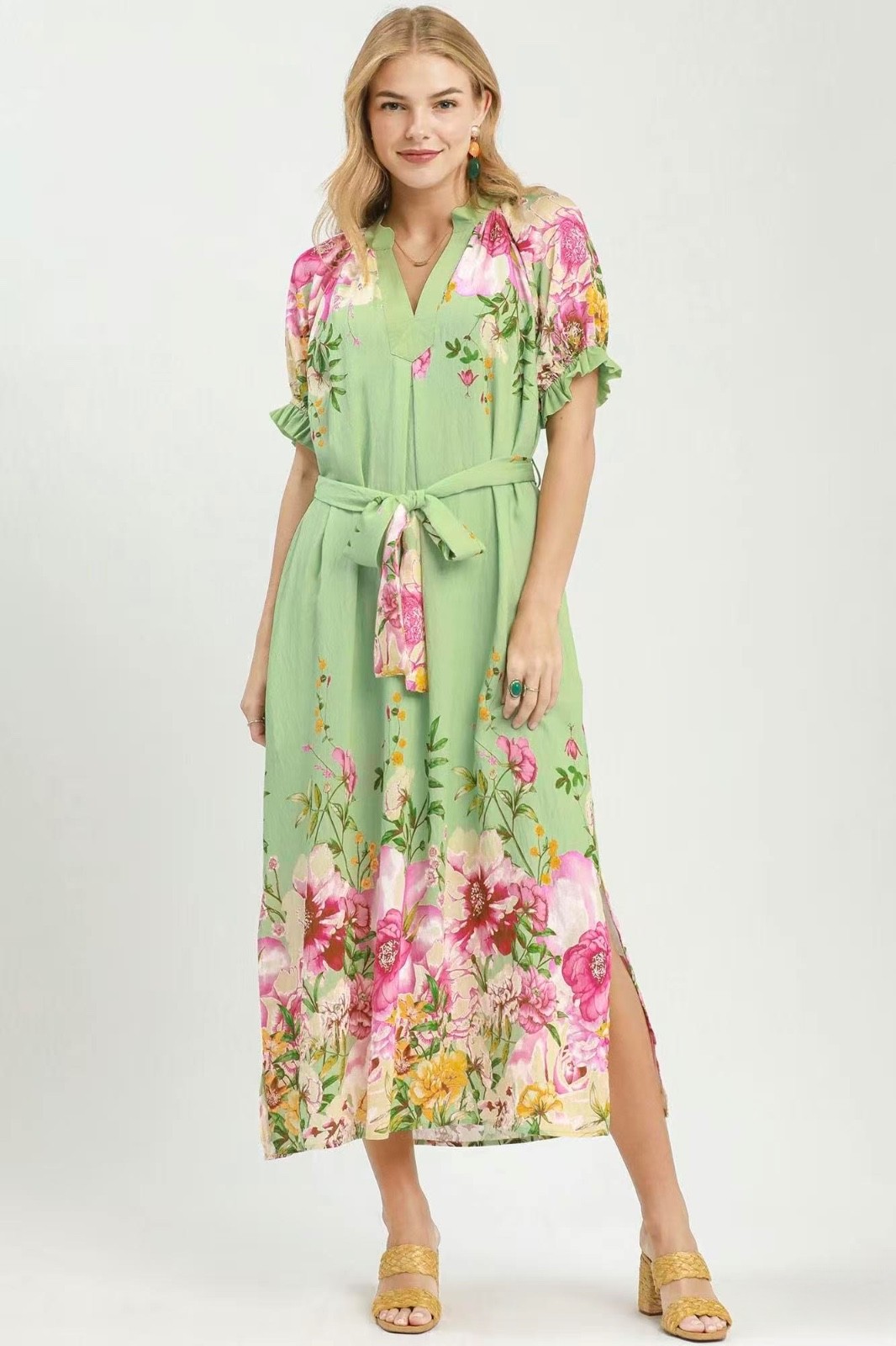 Umgee Floral Border Print Midi Dress Sage Mix Belted Boho Pockets Women’s NWT