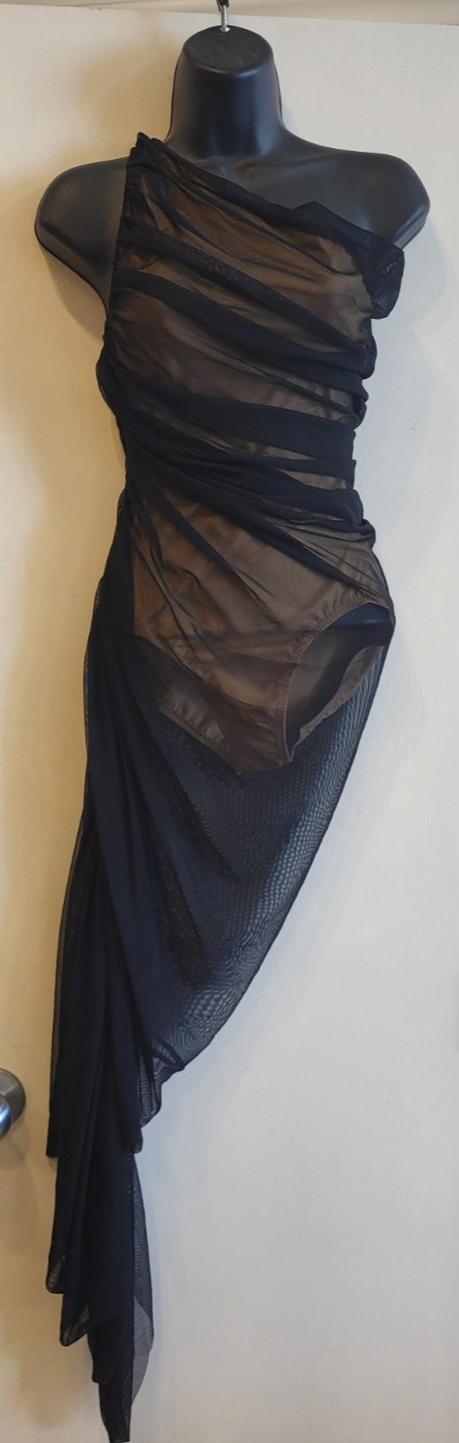 Norma Kamali Diana Black Mesh Bodysuit One Shoulder Asymmetrical Dress Size XS