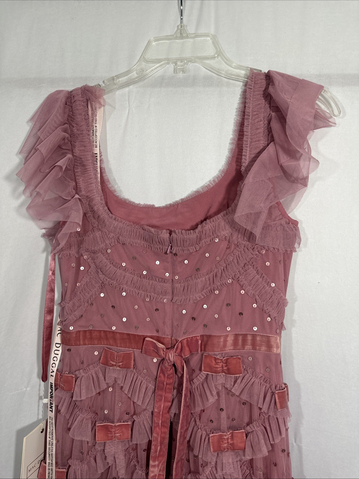 NWT Mac Duggal [ 4 ] 8272 Flutter Sleeve Lattice Bow Mesh Ruffle Mid Dress J2403