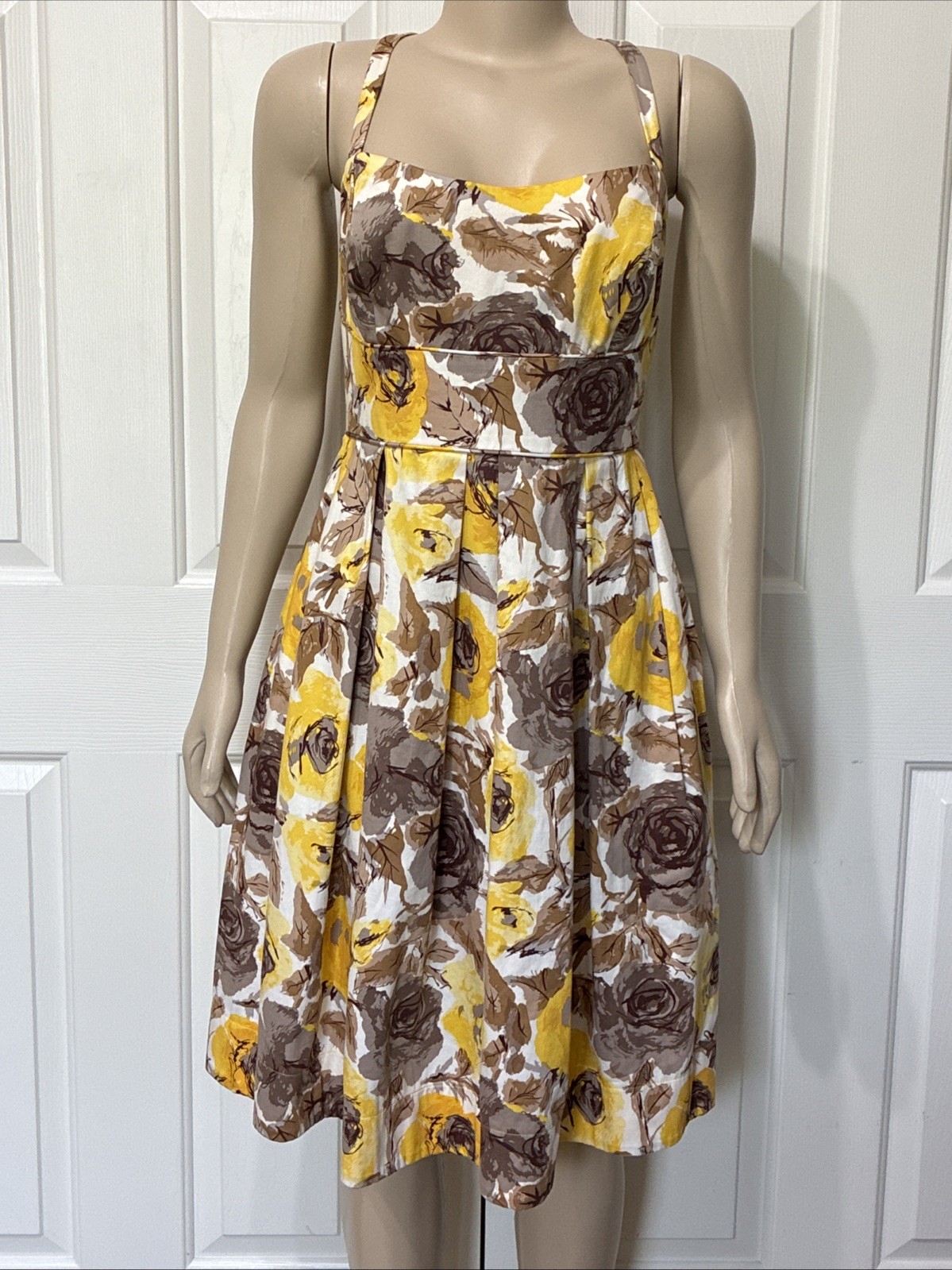 Maggy London Fit & Flare Sundress Yellow / Brown Floral Size 12 Pockets