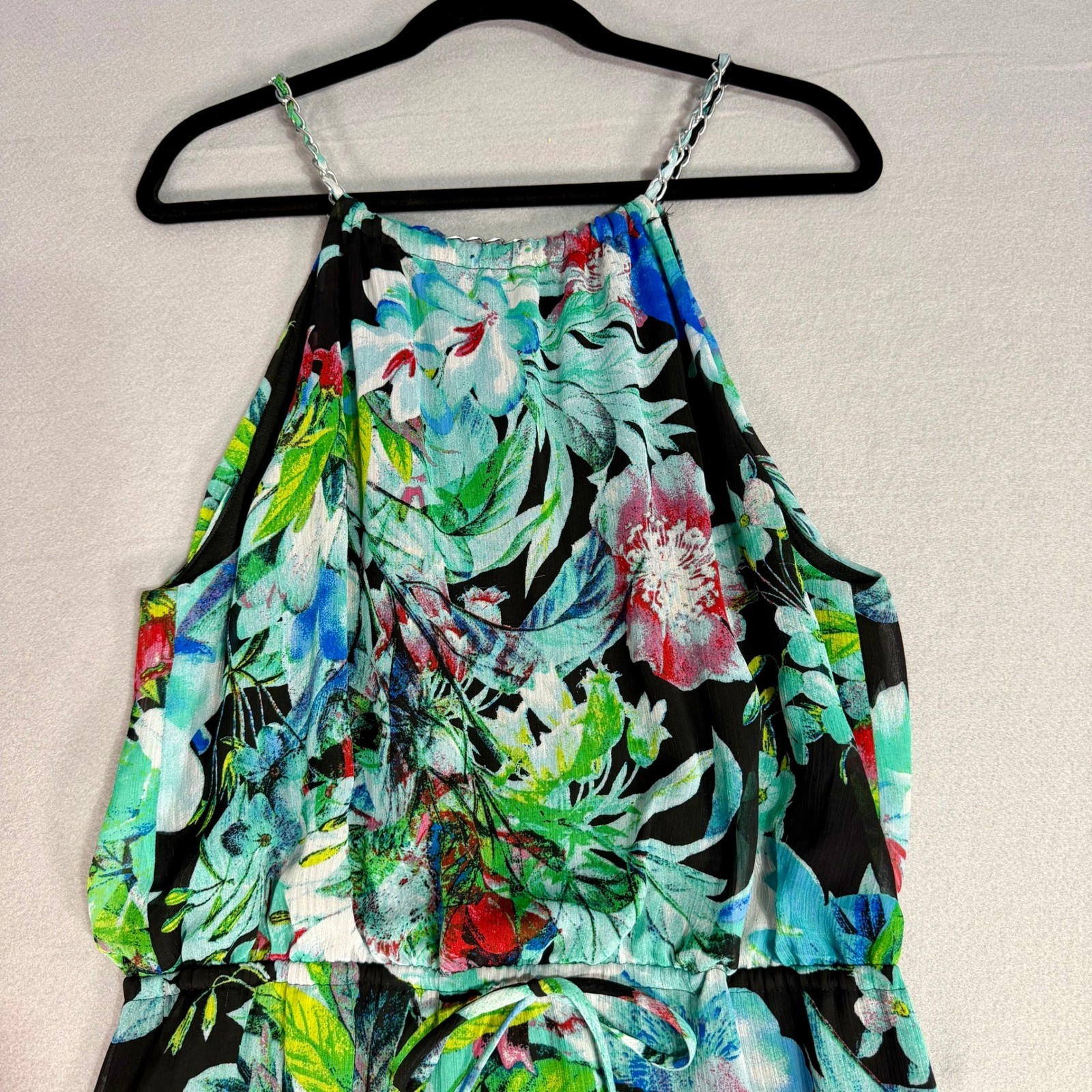 Connected Apparel Halter Midi Sundress 12 Floral Chain Straps Tropical Chiffon