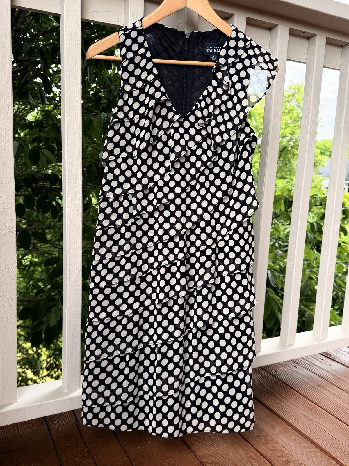 Adrianna Papell Women’s Black Polka Dot Dress Size 4 Tiered Ruffle Office Mini