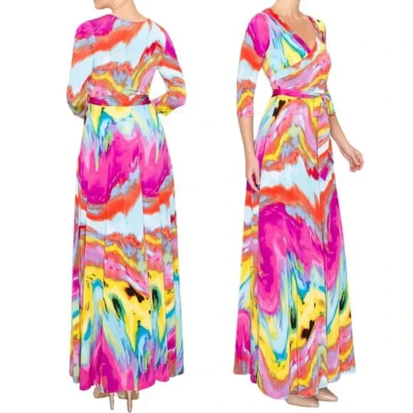 Janette Fashion Pink Multicolor Tie Dye Faux Wrap Maxi Dress