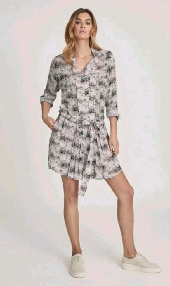 Reiss Alice Circle Print Shirt Dress Sz 2 Sheer Belted Pink Black