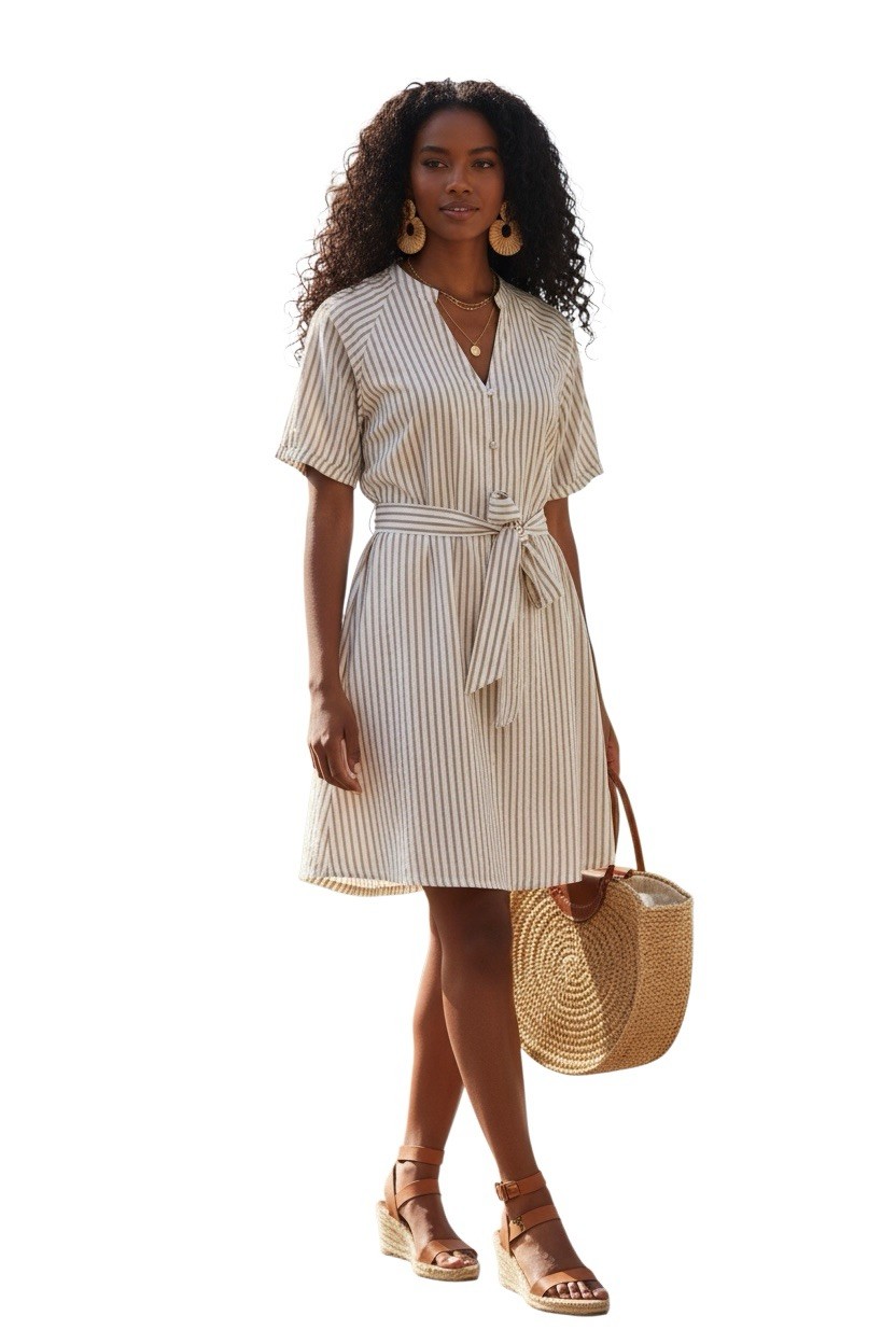 Cabana Life Shell Coast Striped Cotton Dress NWT Size Large V-Neck Belted Summer