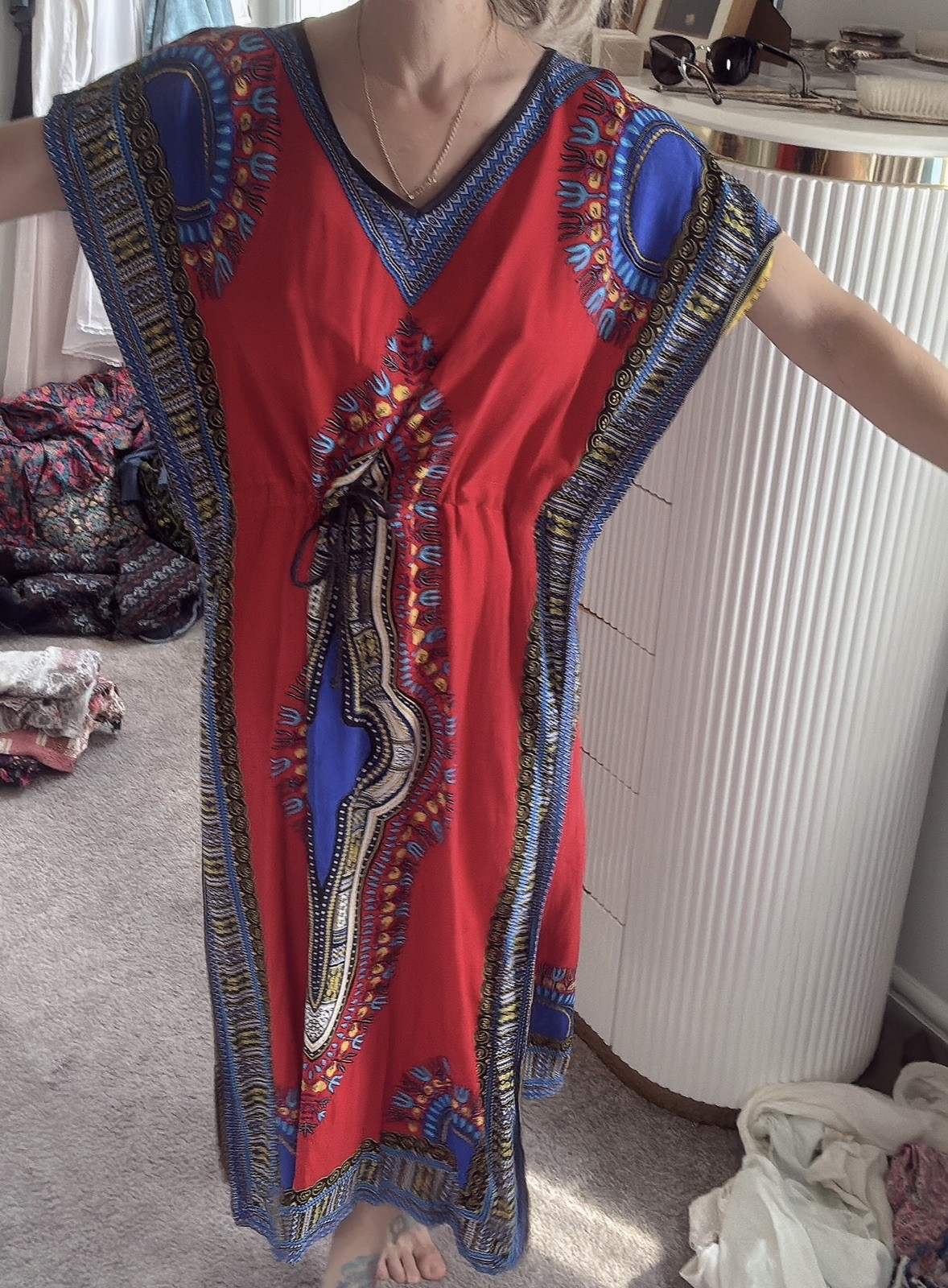 Dashiki Print Kaftan Maxi Dress Red Blue Angelina Tribal Boho Drawstring Waist
