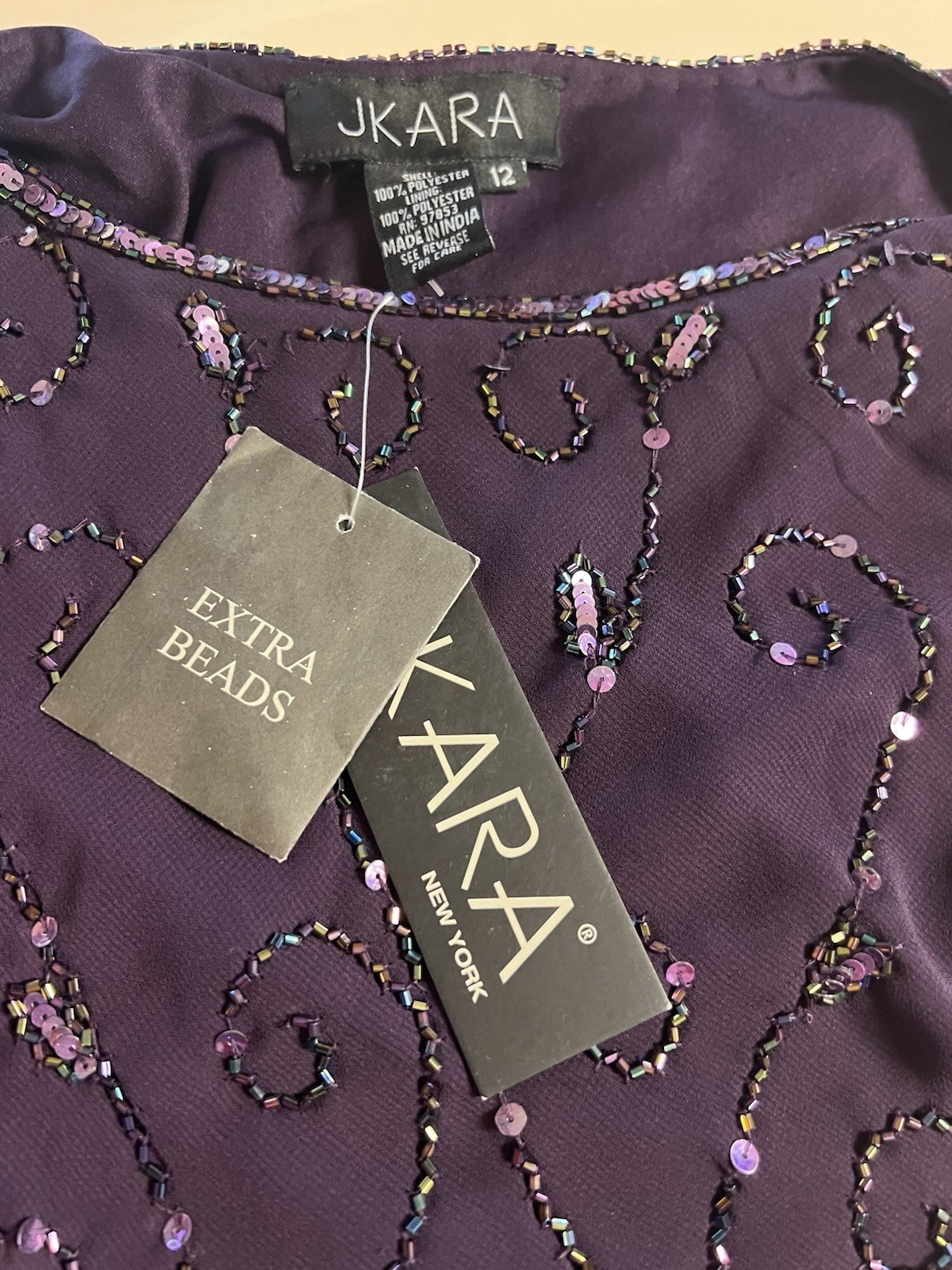 J Kara Womens Beaded Scallop Bodice Asymmetrical Gown Size 12 Plum NWT