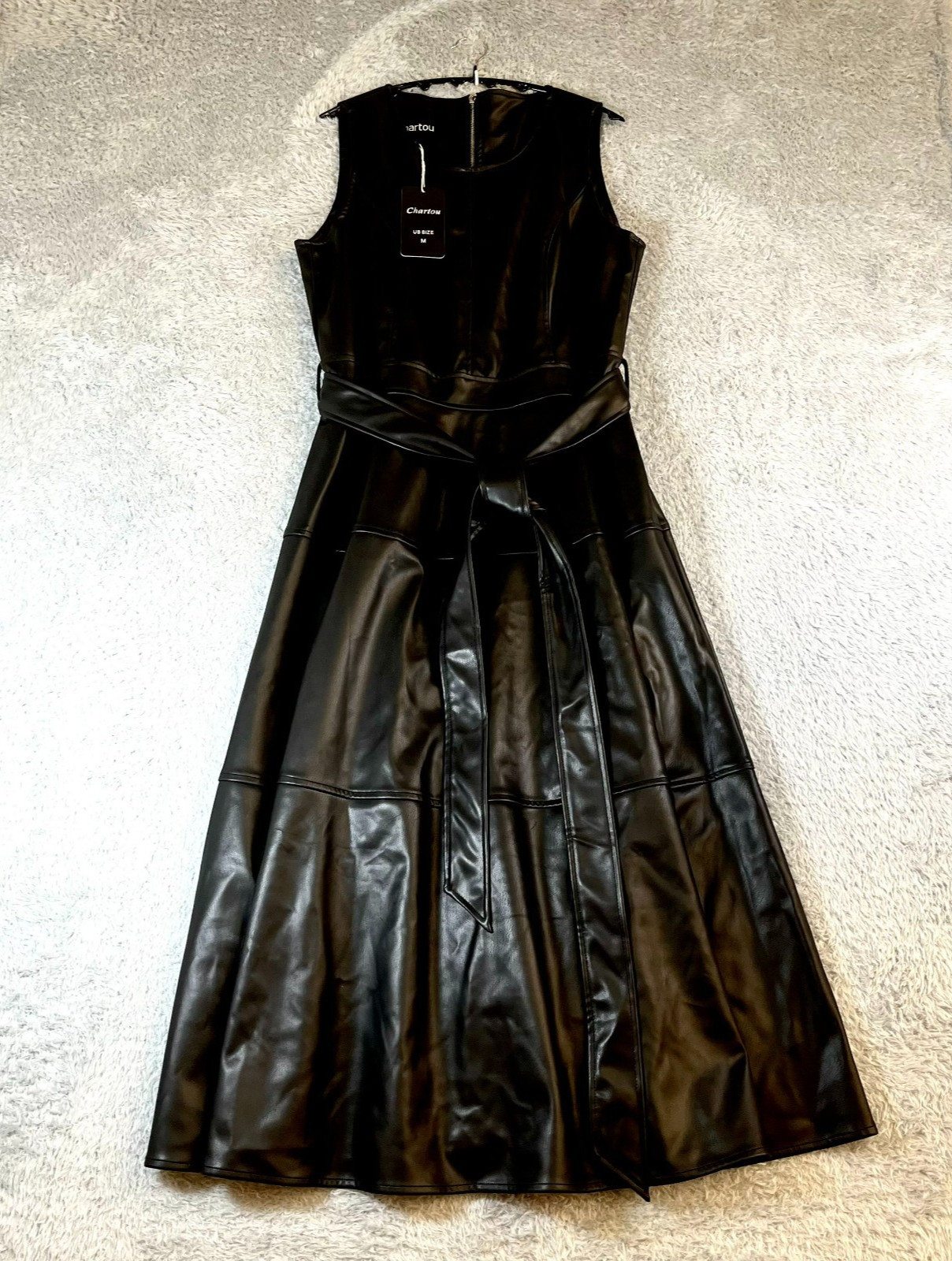 Chartou Women’s Black Faux Leather Sleeveless Belted A-Line Dress SIze M
