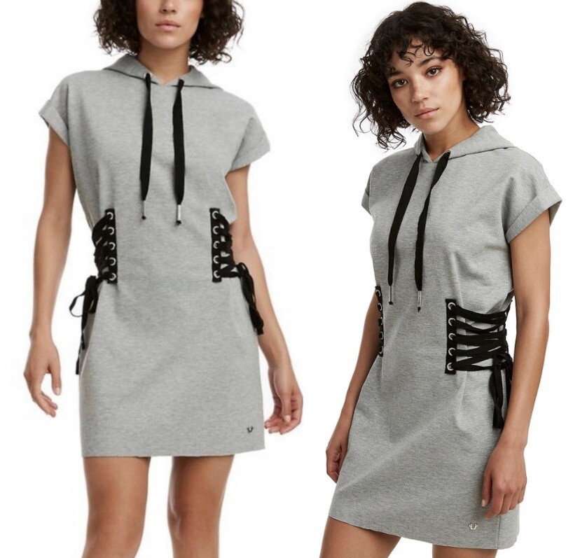 True Religion Women’s Heather Gray Hooded Corset Lace Up Dress Sz L
