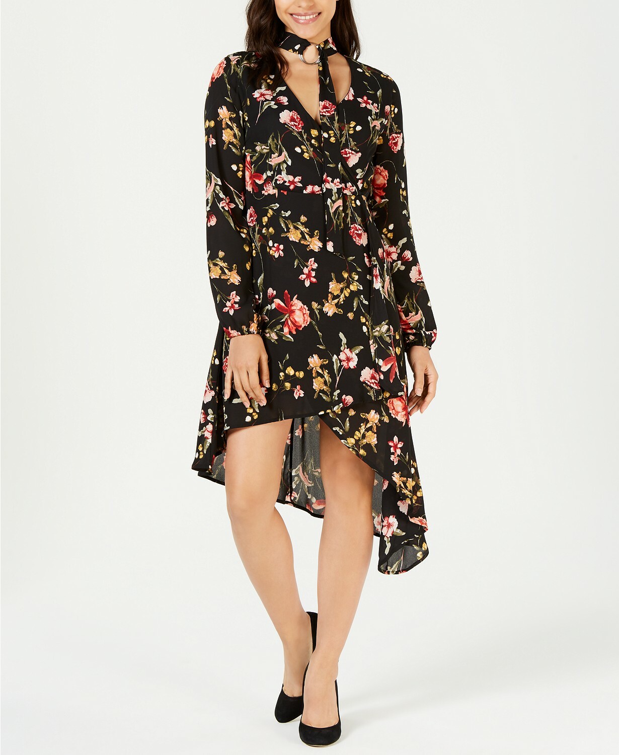 $298 Project 28 Nyc Women’S Black Floral V-Neck Asymmetric Choker Dress Size M
