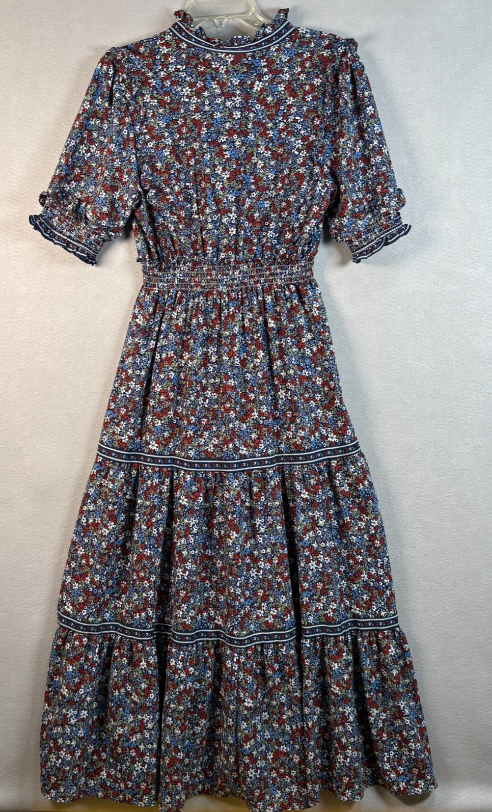 Max Edition Floral Print Tiered Maxi Dress Ruffle Collar Puff Sleeve Size Large