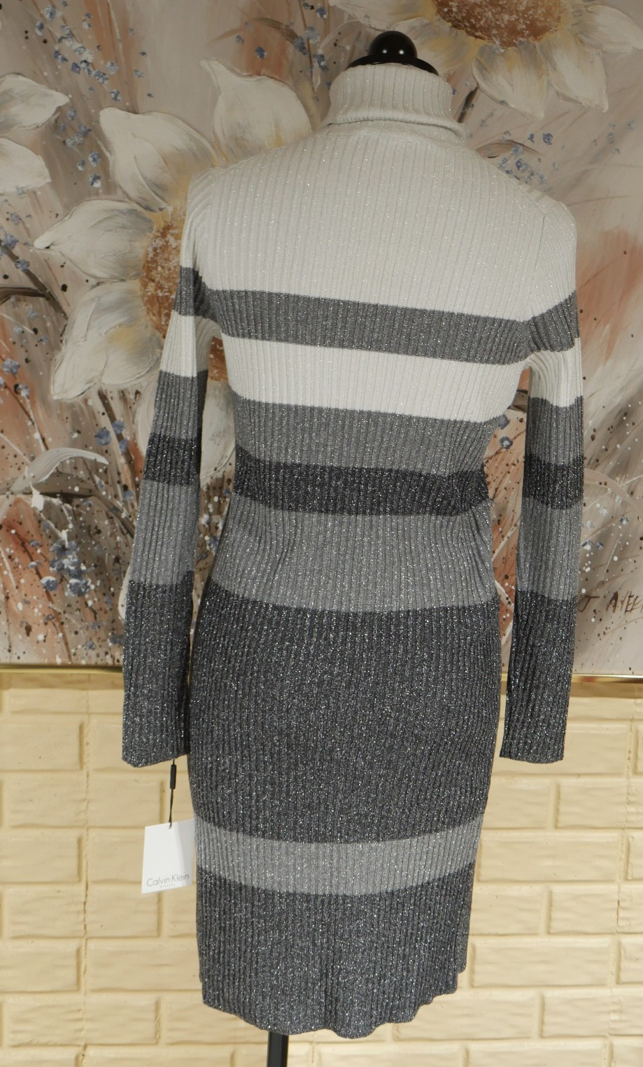 NWT SHARP CALVIN KLEIN SPARKLING STRIPED MEDIUM L/S BLENDED FABRIC SWEATER DRESS