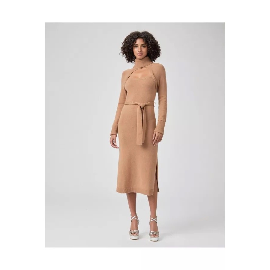 Paige Cherise Toffee Bronze Long Sleeve Tie Waist Sweater Midi Dress Size S NWT