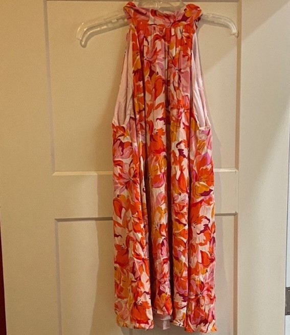 Lulus Women’s L Orange Pink White Floral Halter Tie Sleeveless Mini Dress