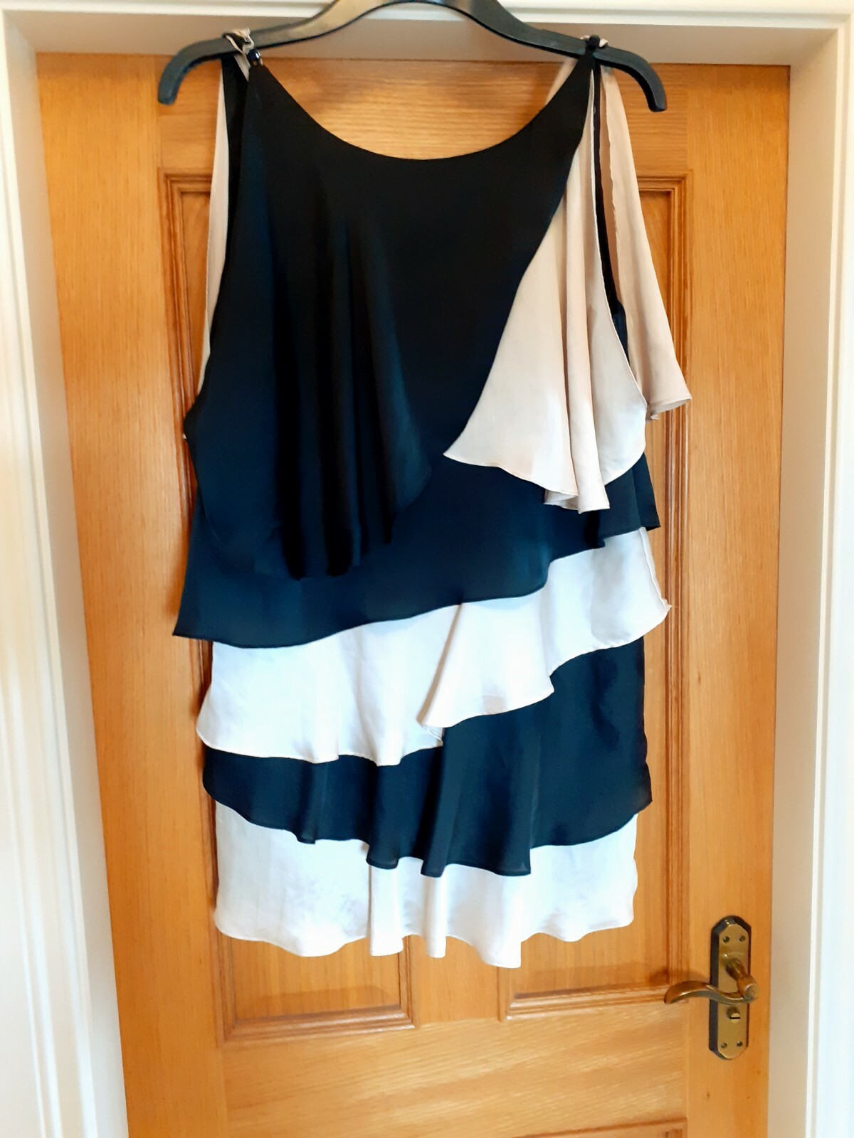 Ladies Stylish Black and Nude Ruffle Crowl Necline Dress Size 8