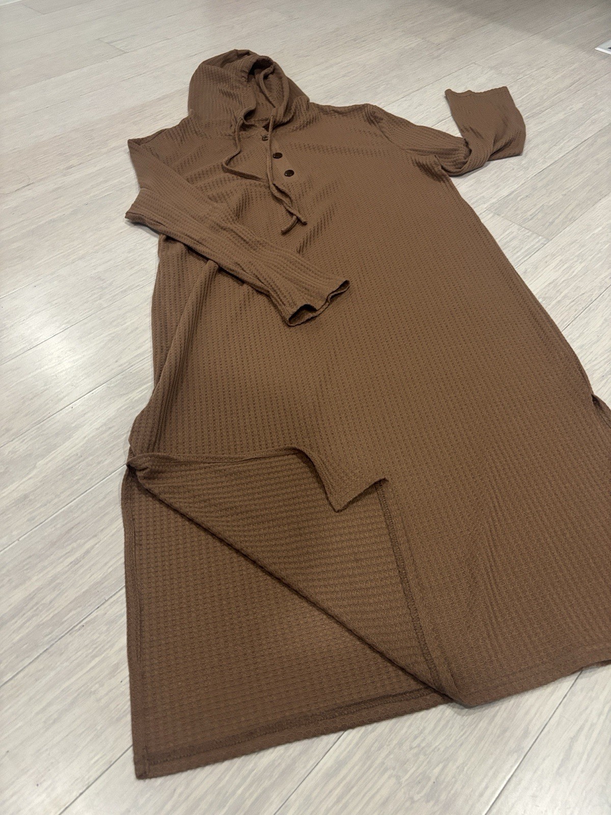 Women’s Brown Solid Ribbed Knit Hooded Midi Dress Long Sleeve Button Accents 5xl