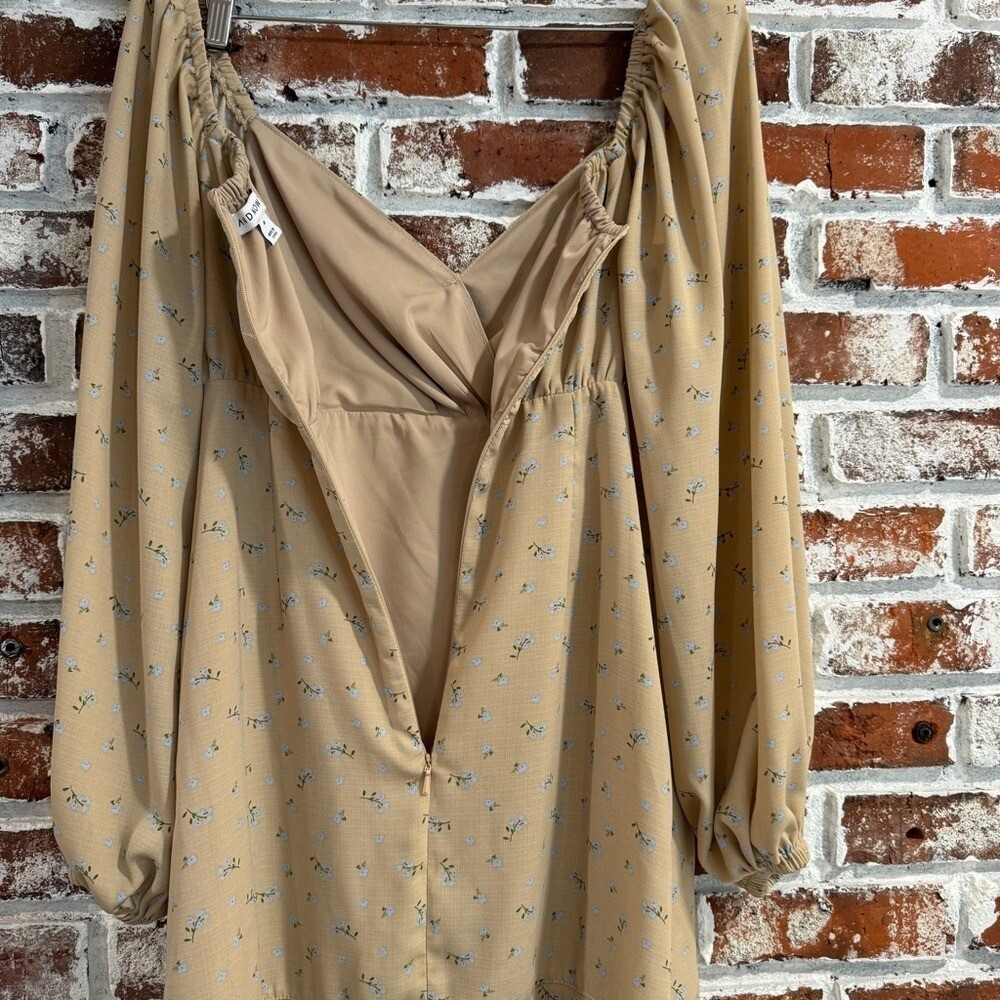 AND NOW THIS Ruffle Pleated A-Line Mini Dress Tan Blue Floral M Cottagecore Boho