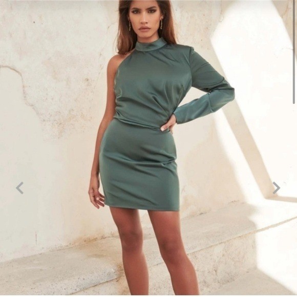 Lavish Alice High Neck One Shoulder Mini Dress Women 8 Deep Pine Green Satin