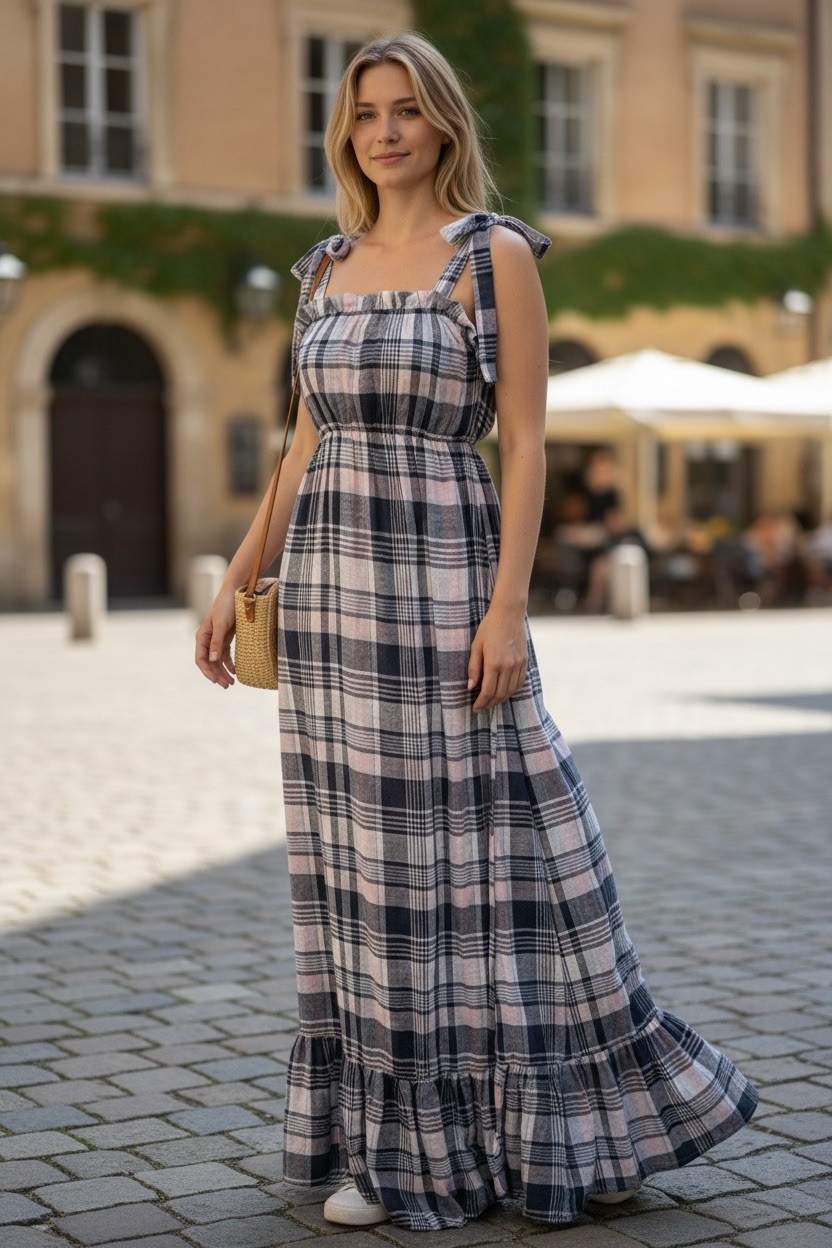 AQUA Navy Pink Plaid Tiered Hem Shoulder Tie Summer Maxi Dress Size=Various