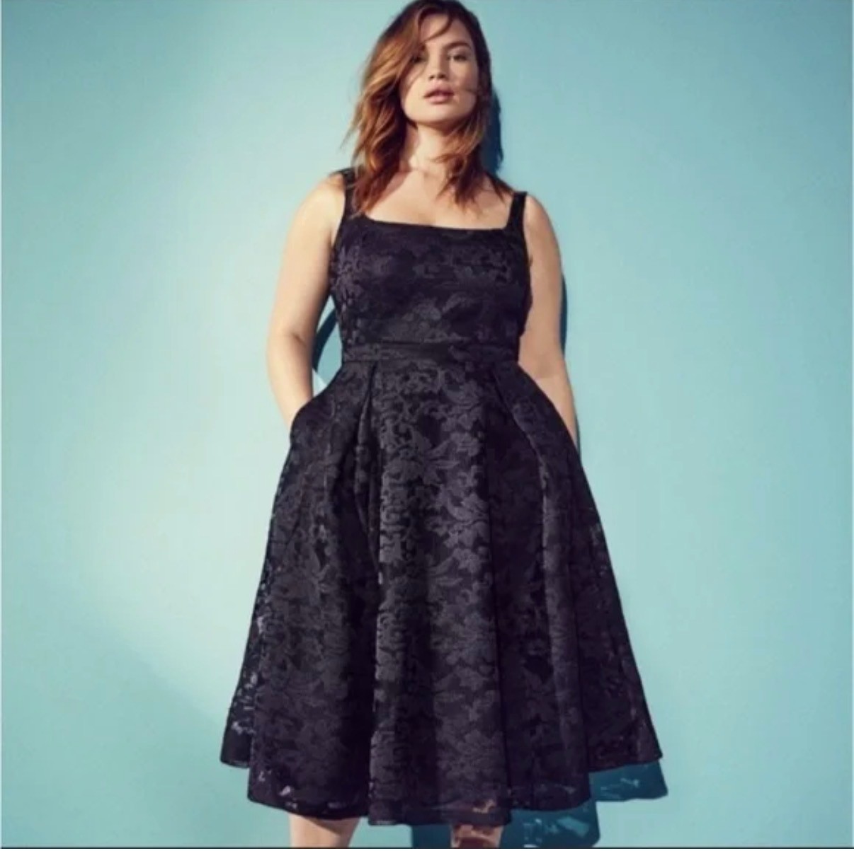 City Chic Dress Cocktail Black Lace Fit Flare Jackie O Gothic Pockets 2X 24