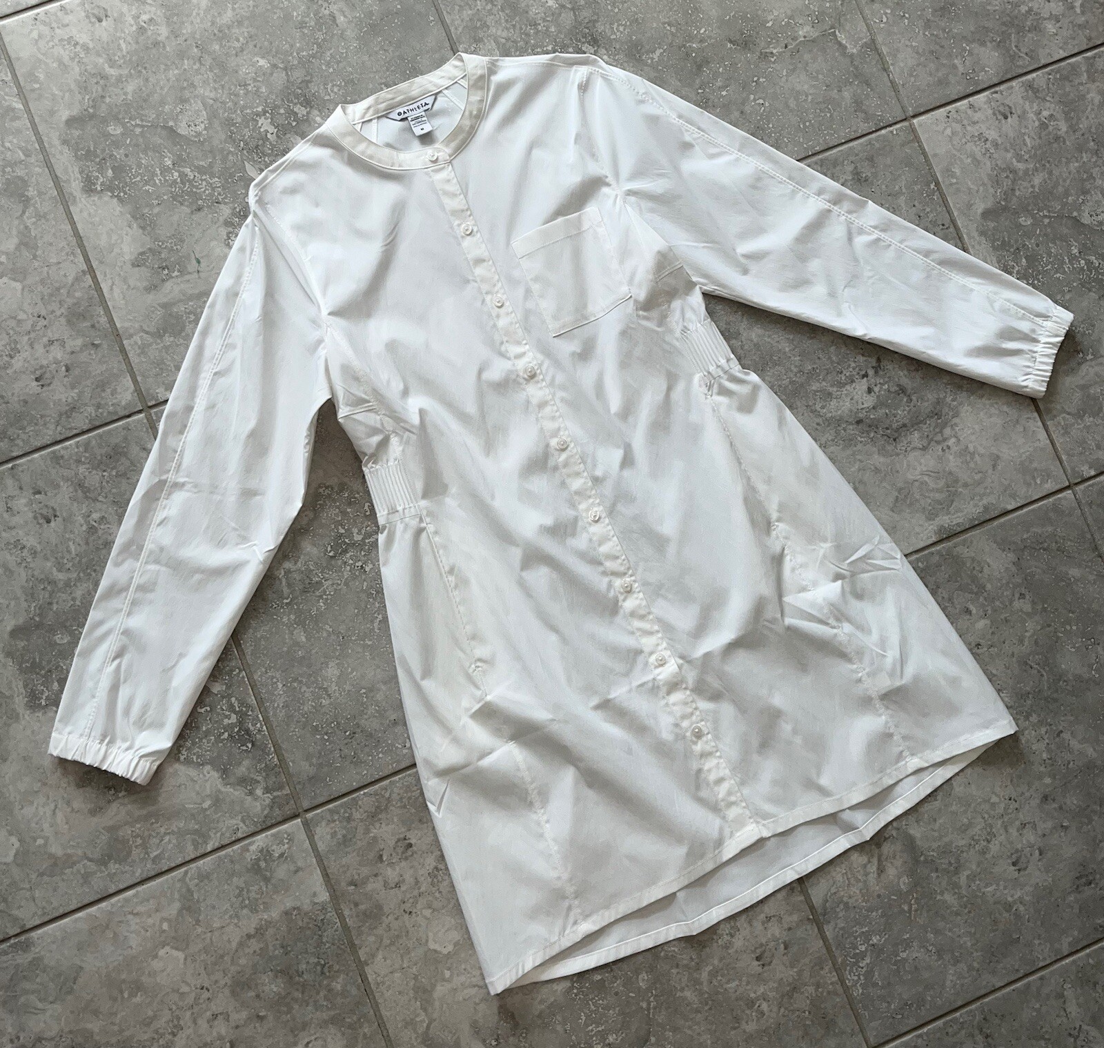 Athleta White Long Sleeve Button Shirt Dress Midi Cinched Waist Pocket M New