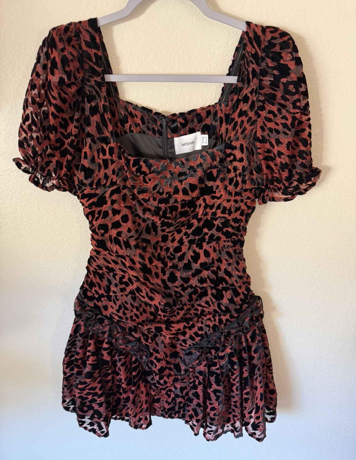 MISHA Women’s Brown/Black Leopard Velvet Square Neck Puff Sleeve Ruched Mini 2