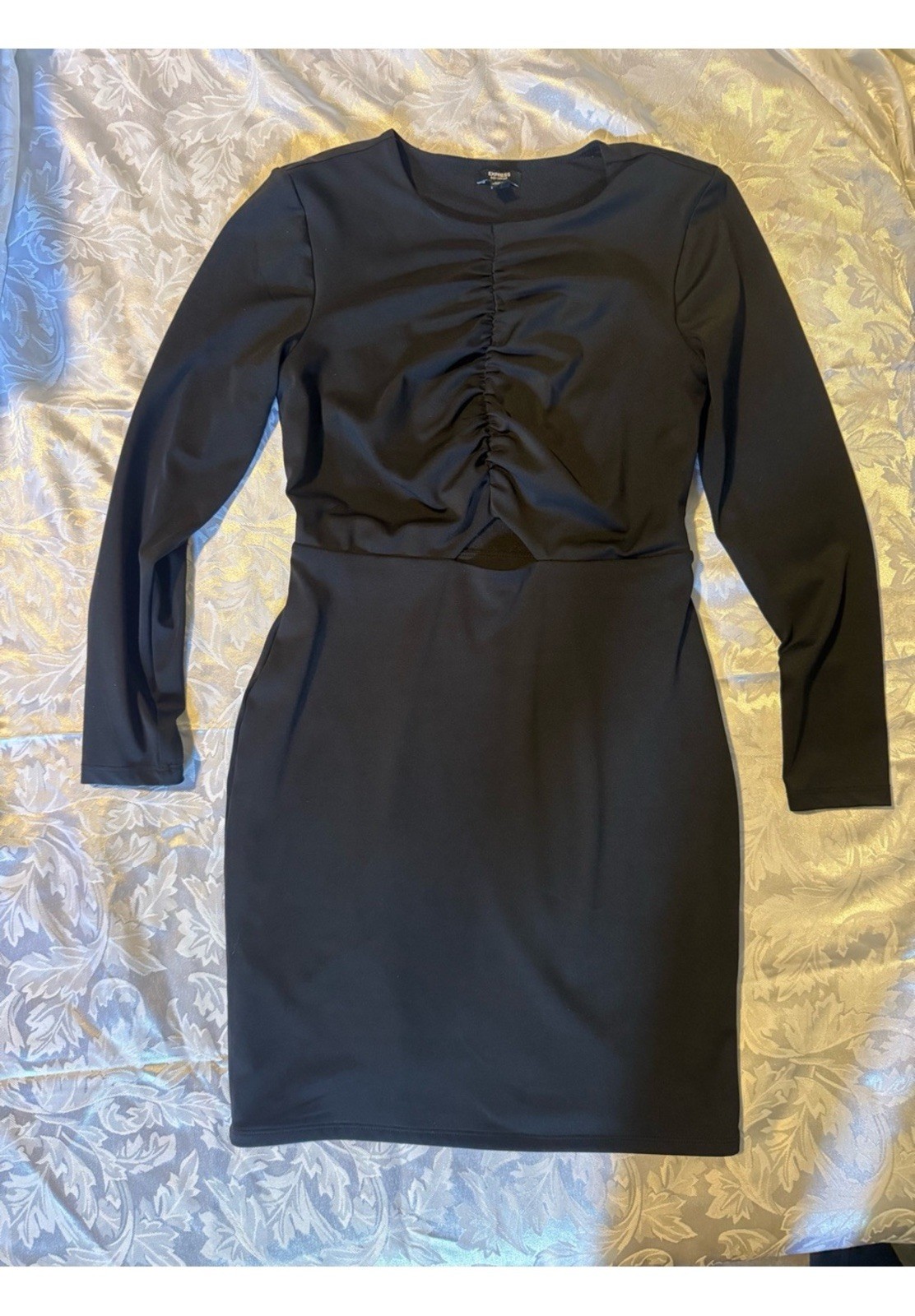Express Body Contour Black Ruched Bodycon Dress Long Sleeve Lined Stretch XS P