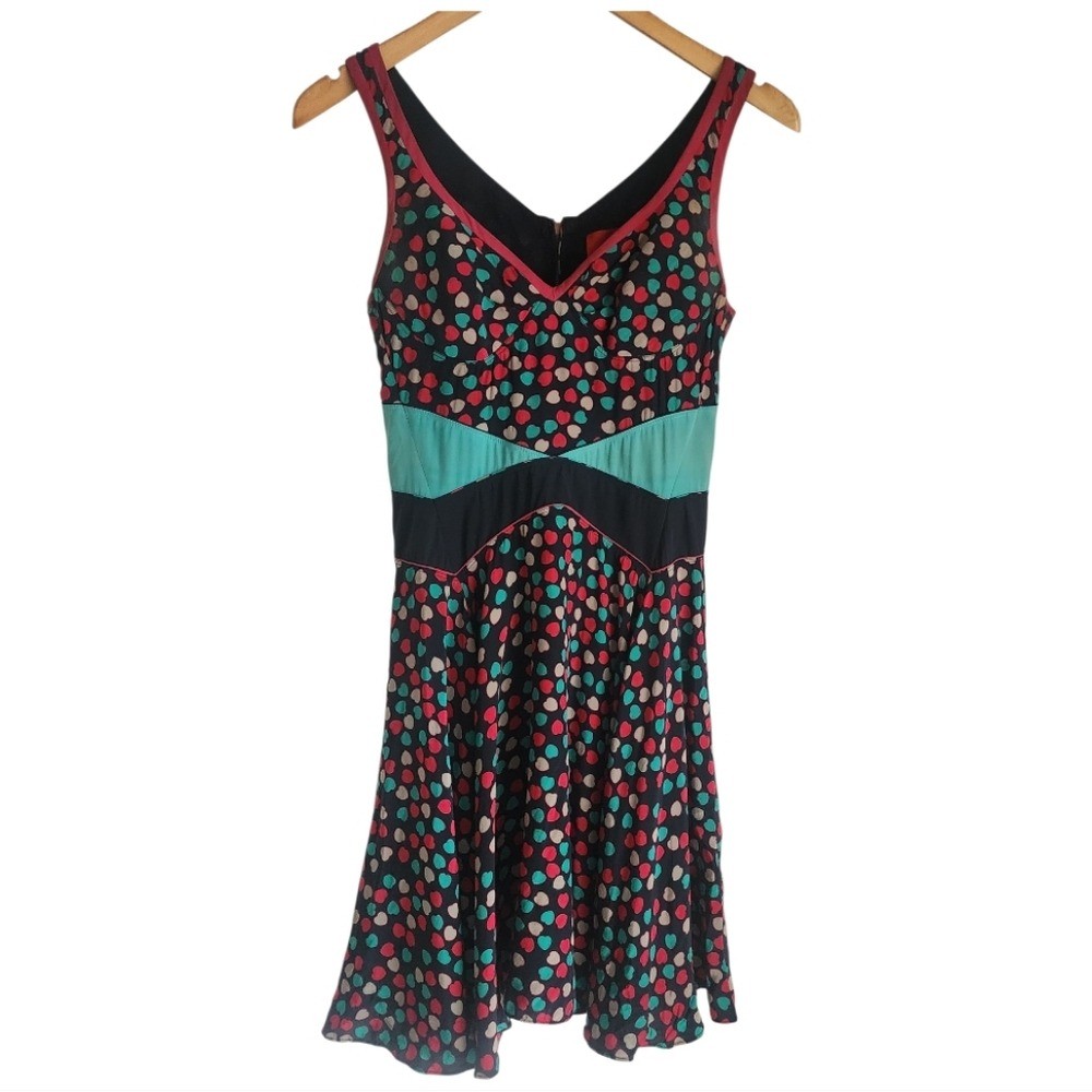 Vtg Z Spoke Zac Posen Black, Red, Green Heart Silk Mini Dress Sz 2