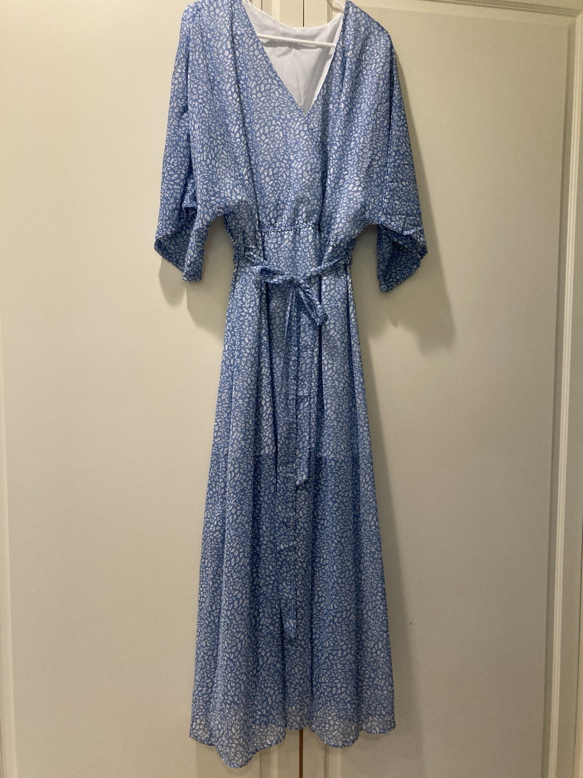 Light Blue & White Print Maxi Dress Elastic Waist Tie Belt 3/4 Sleeve Boho 2x