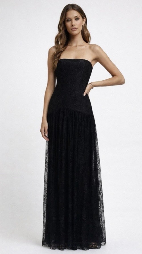 Retrofete Black Lace Maxi Dress Strapless Gown Slit XS Whimsigoth Fairy Jeanette