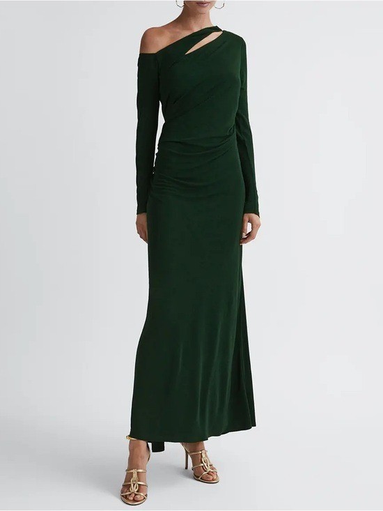 Reiss Delphine Off The Shoulder Cut Out Maxi Dress in Green Size 6