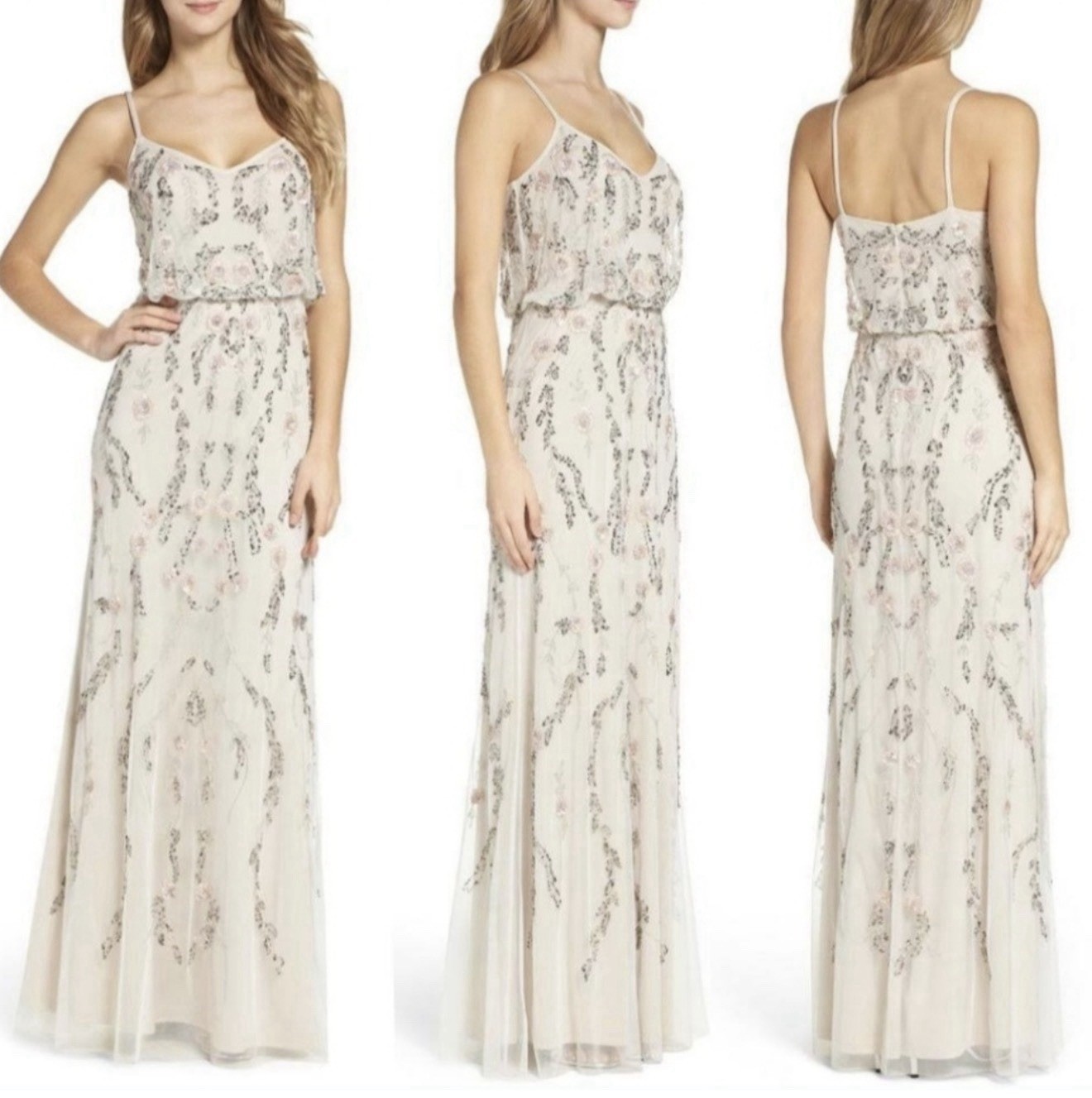 ADRIANNA PAPELL Ivory Pink Silver Embellished Beaded Floral Mesh Blouson Gown 6