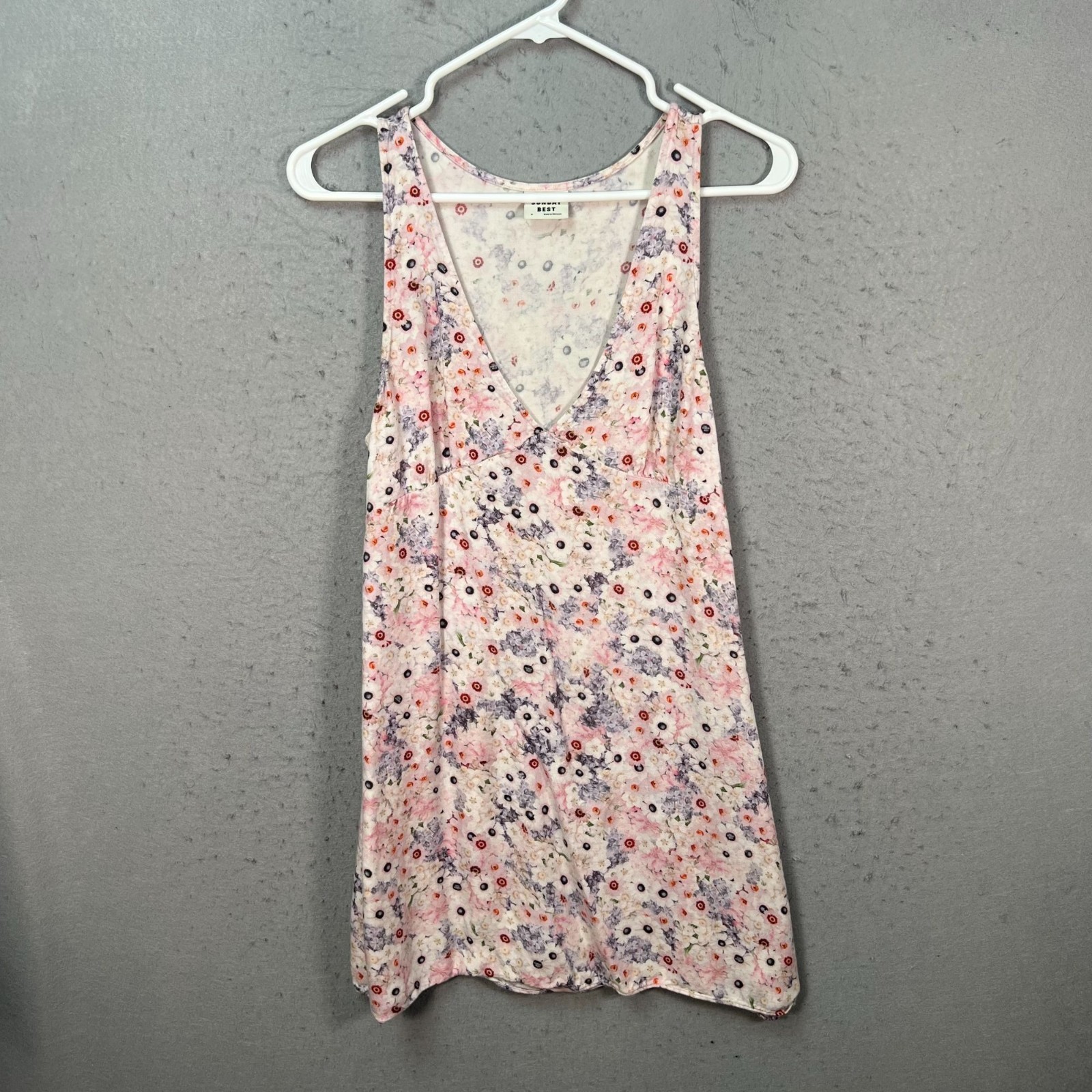 Sunday Best Womens Medium Floral Sleeveless V-Neck Dress Pink Purple White Rayon