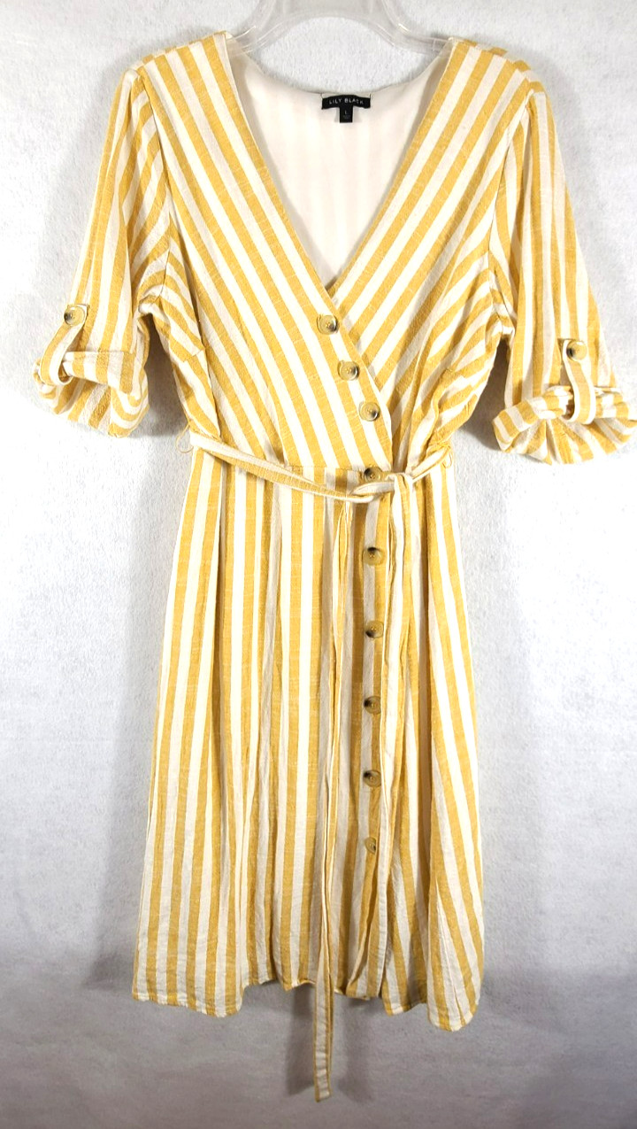 Lily Black Wrap Dress Midi Yellow White Stripe Lined Button Womans Size Large