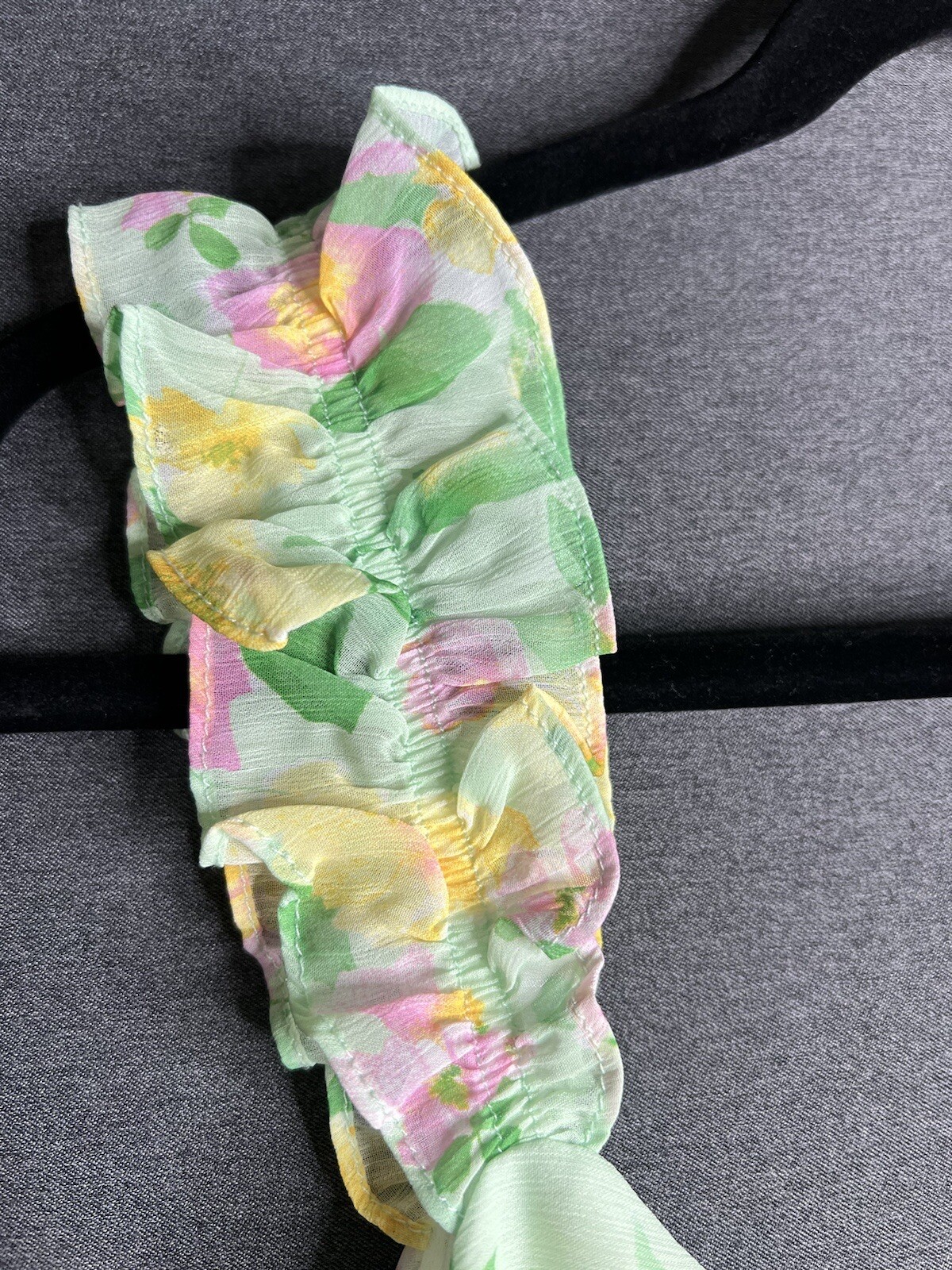 Elodie Floral Mini Chiffon Ruched Ruffle Dress Green Lined Sleeveless Women XL
