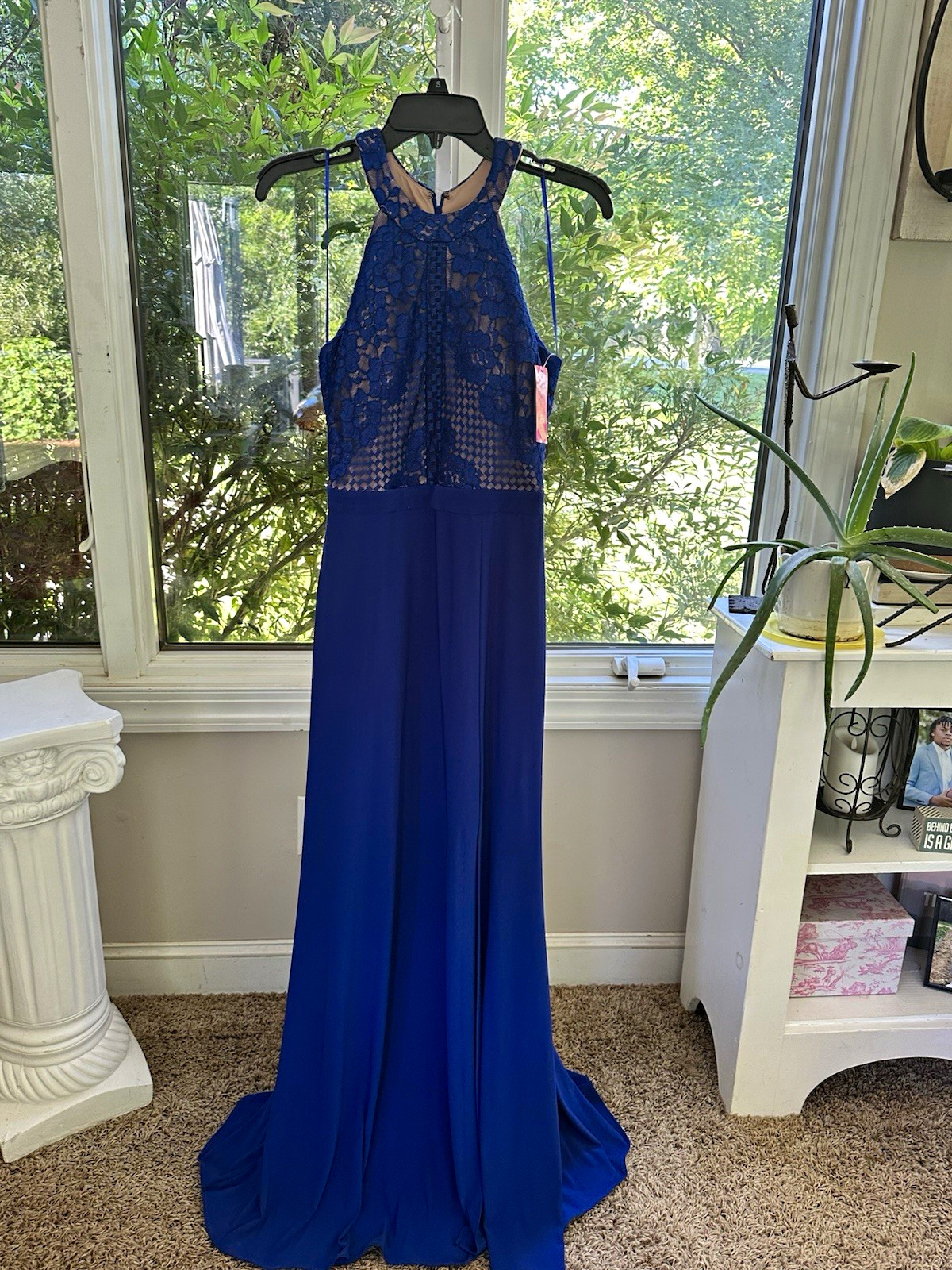 Morgan & Co. Blue Floral Lace Halter Sleeveless Long Gown Zip Sheer S/6