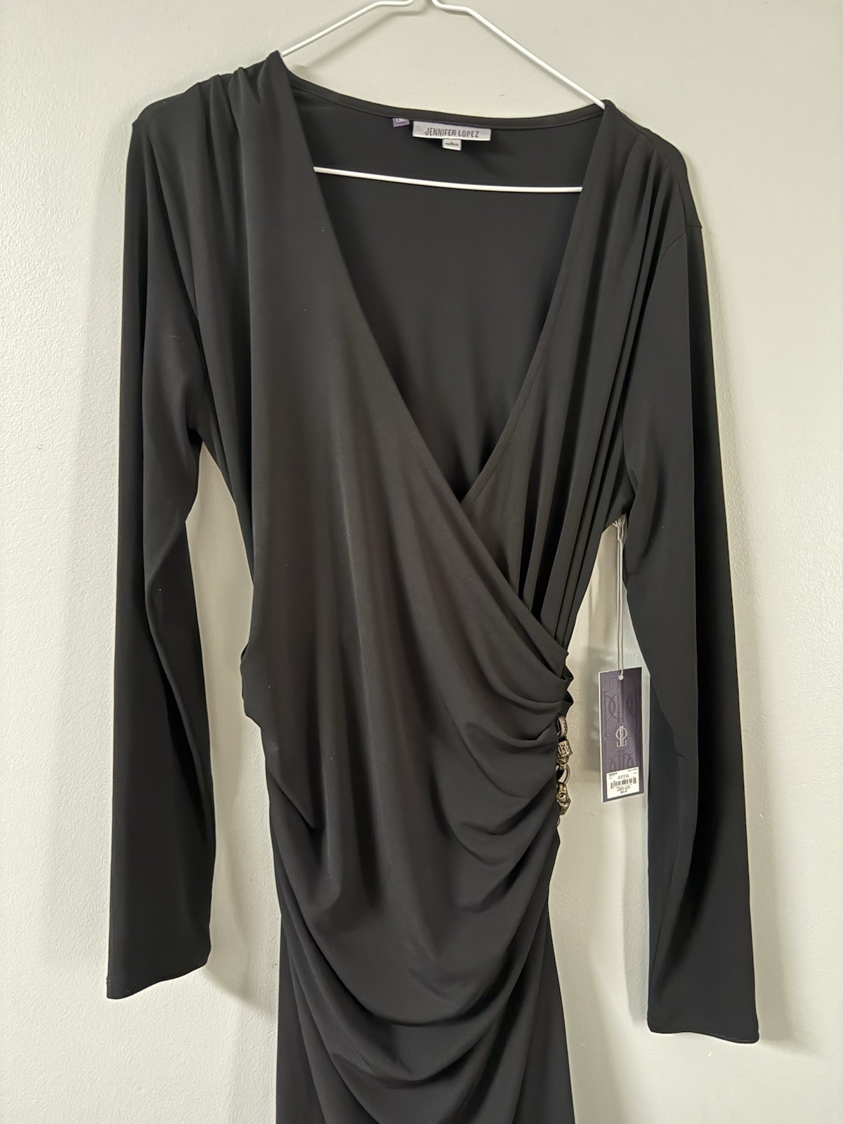 Jennifer Lopez Black Ruched Wrap V-Neck Long Sleeve Knee Dress Size M