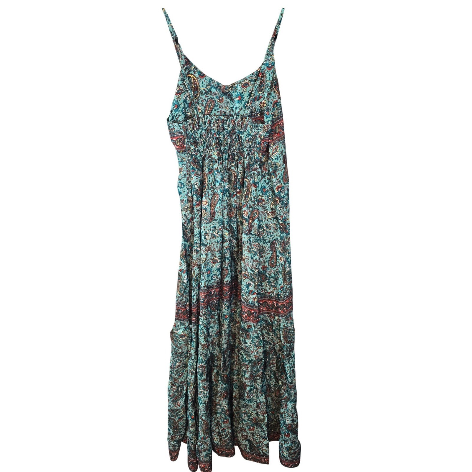 White Waves Teal Paisley Silk Blend Boho Maxi Dress L/XL Tassels Gold Foil India