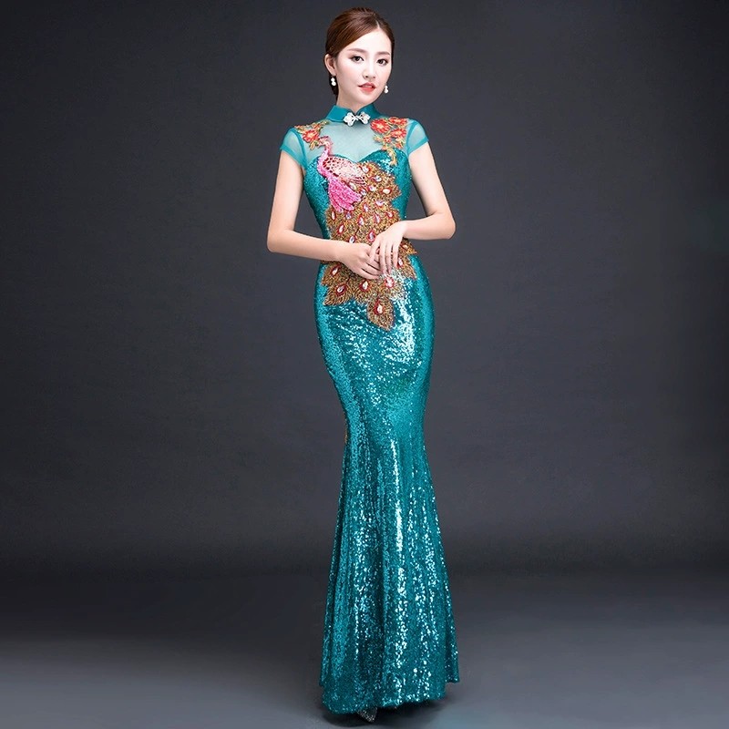 Womens Sequin Peacock Embroidery Gown Cheongsam Formal Stage Evening Qipao Dress