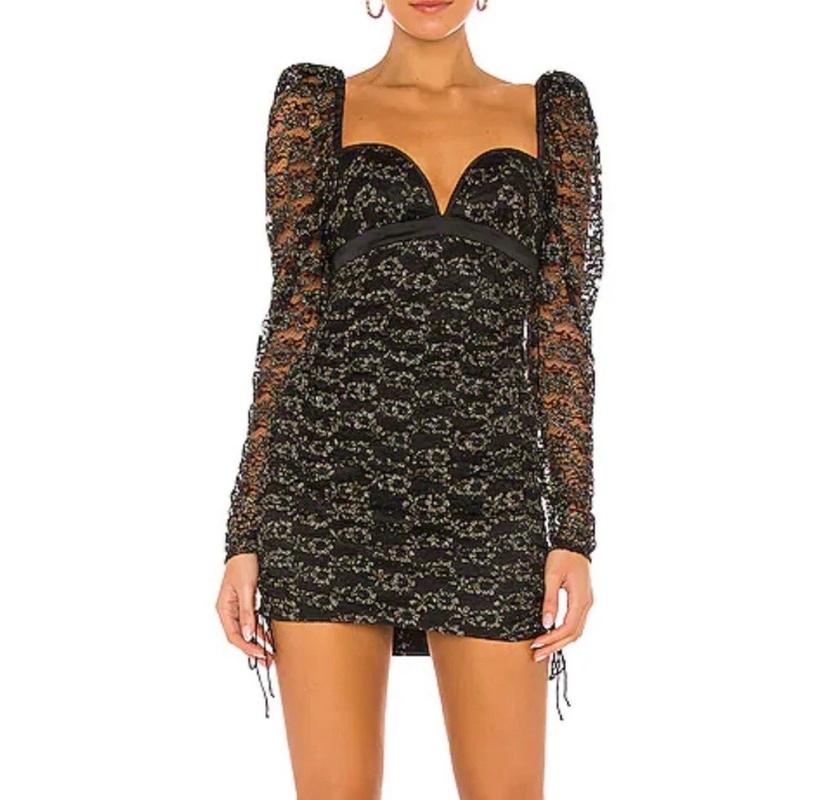 NWT FOR LOVE AND LEMONS Joanna Mini Dress Ruched Lace Black Metallic Gold 1X