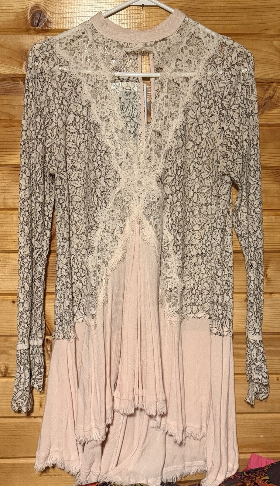 Free People Lace Mini Dress High Neck Long Sleeve Short Size Large