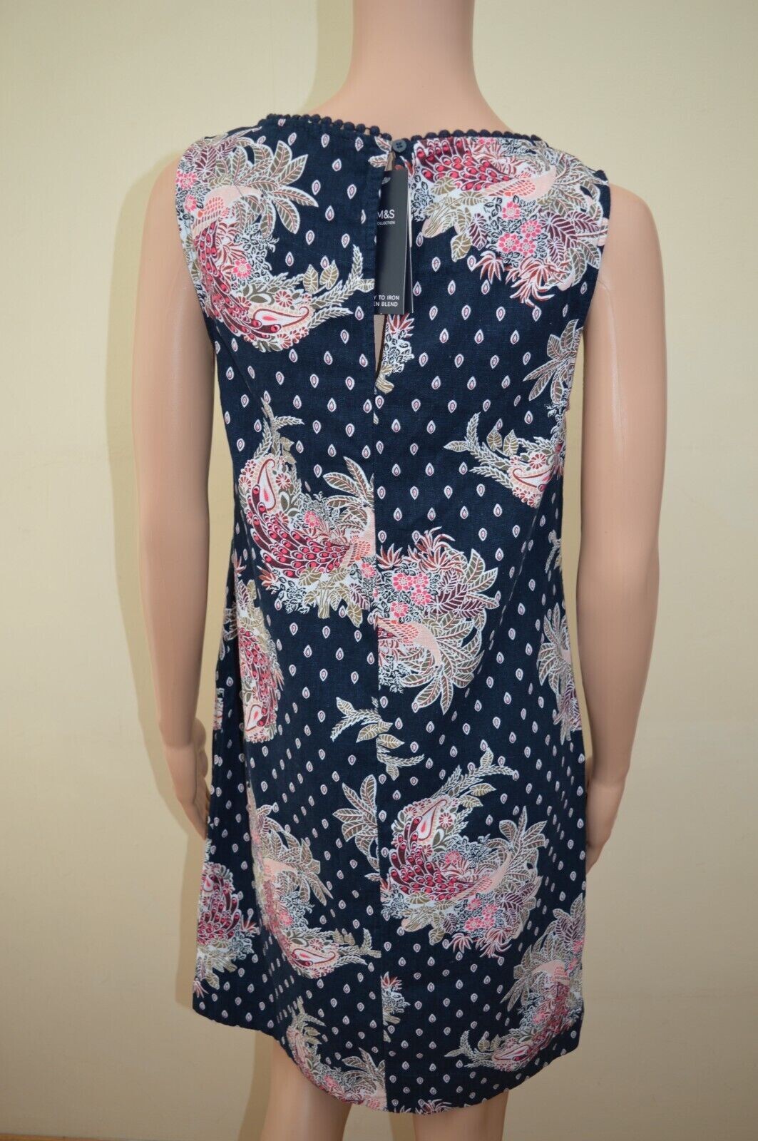 New M&S Collection Navy Blue Paisley Linen Blend Tunic Dress Sz UK 10