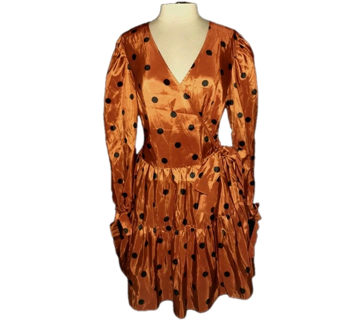 NEW ASOS CURVE Size 14W Wrap Dress Copper Black Polka Dots Long Sleeve Tiered
