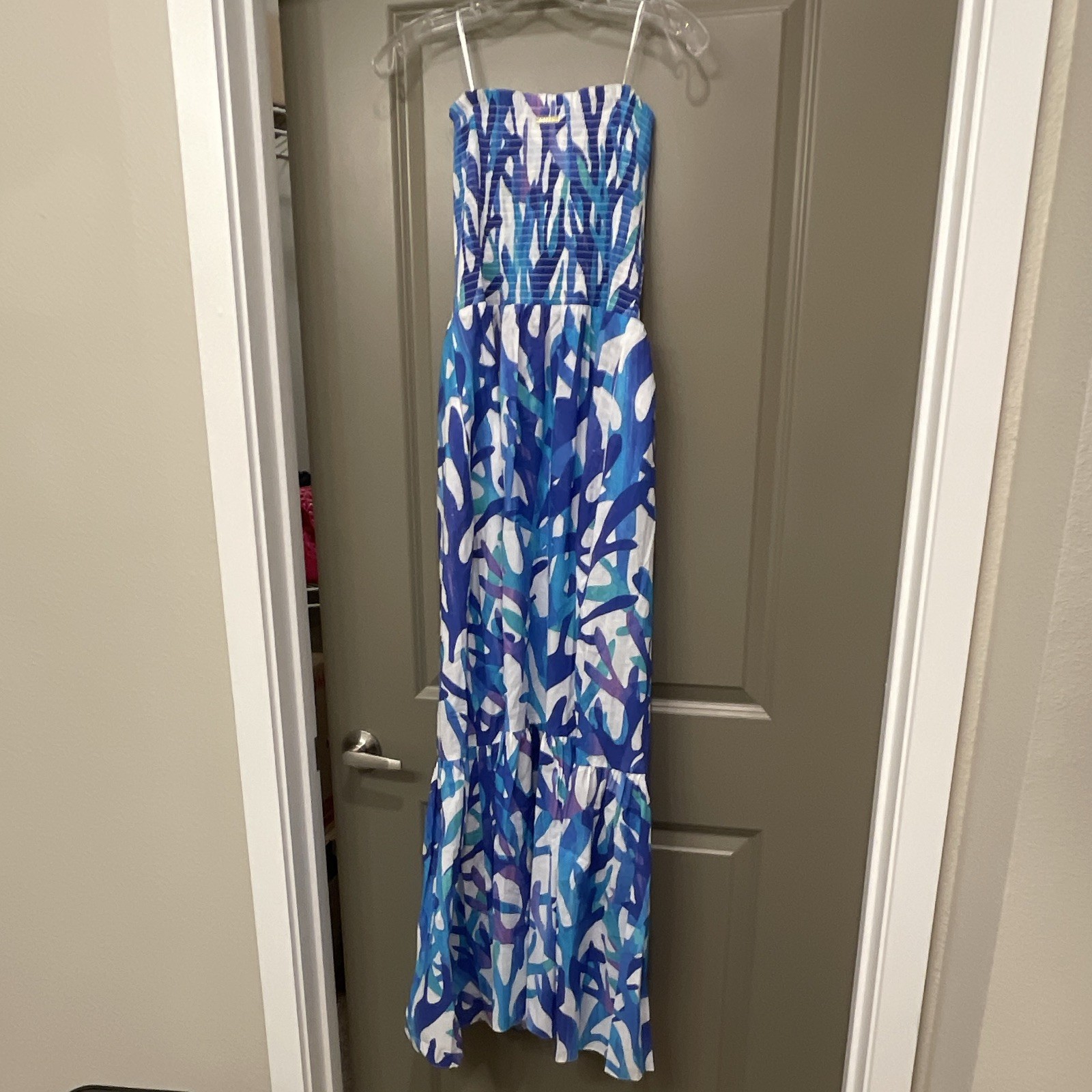 MILLY Womens Strapless Smocked Maxi Dress Abstract Blue White Purple Size M