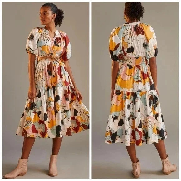 Anthropologie Conditions Apply Puff Sleeved Midi Dress Boho Womens 6 Flaw.