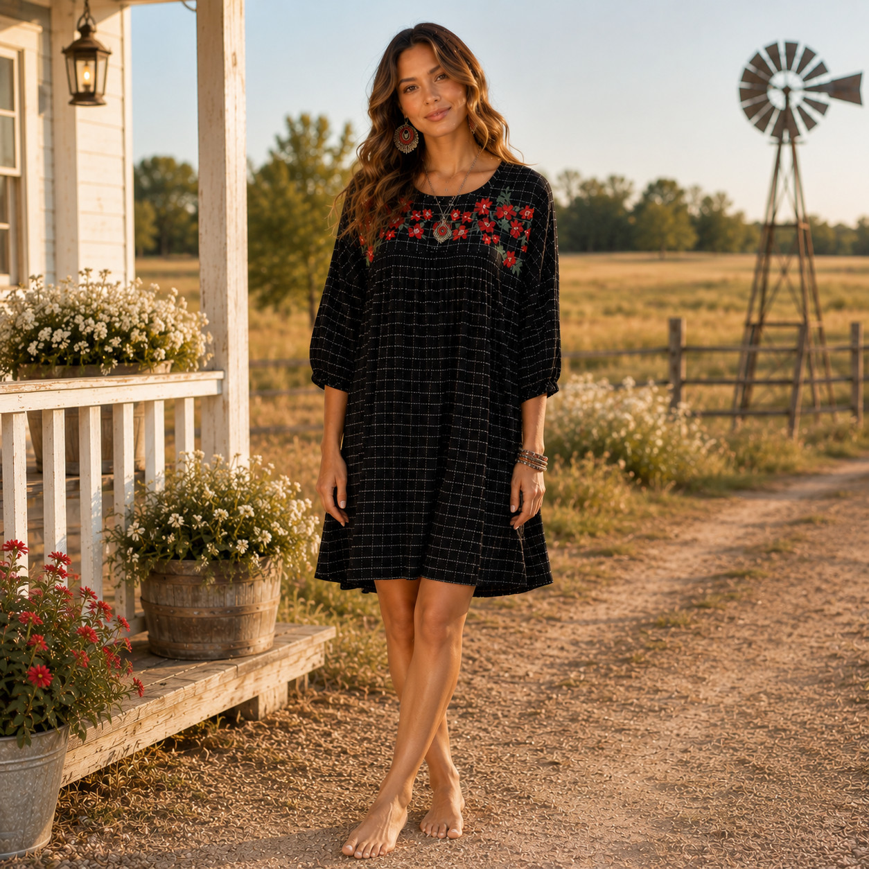 Bebop Large Black Plaid Floral Embroidered Babydoll Dress Boho