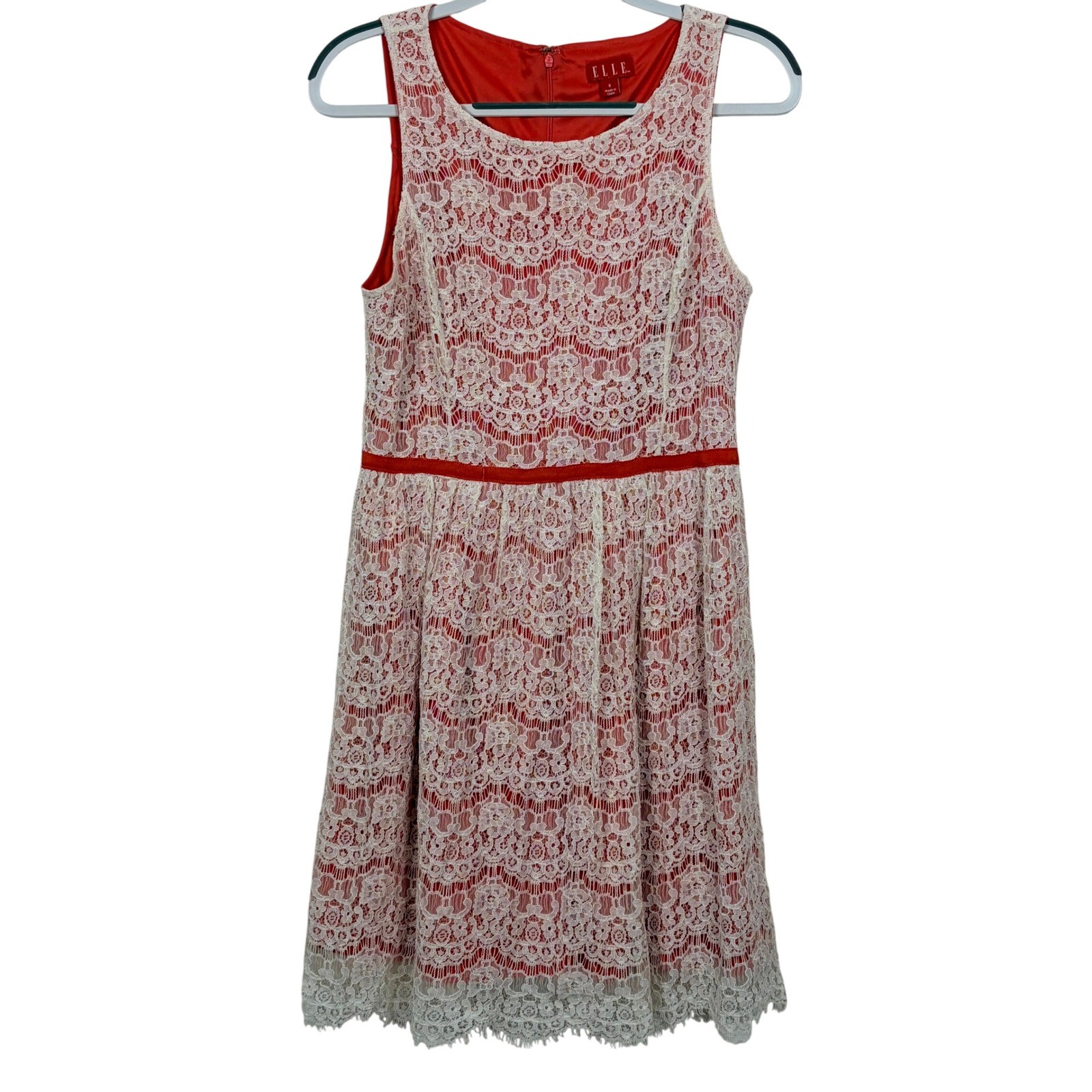 Elle Lace Fit and Flare Dress 8 Red White