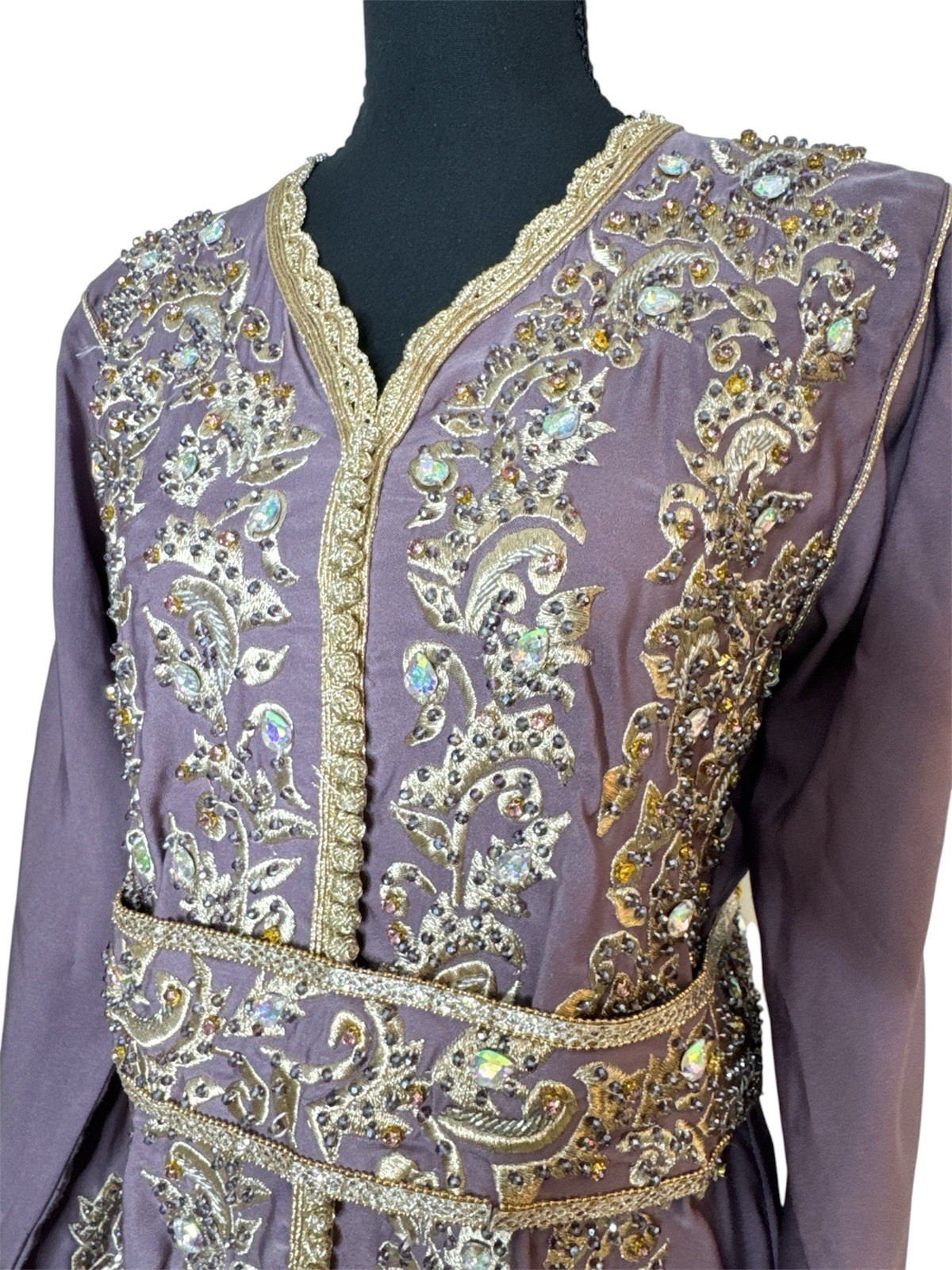 Embroidered Long Caftan Dress in Mauve with Gold Trim